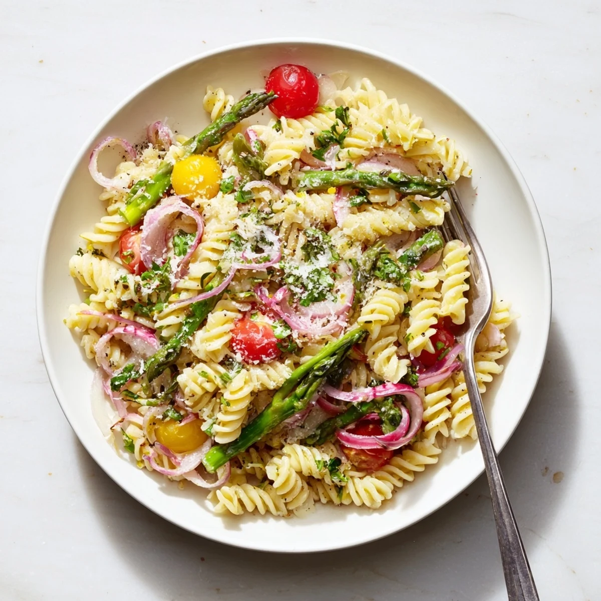 Golden pasta salad tossed with crisp asparagus spears and bright lemon herb dressing