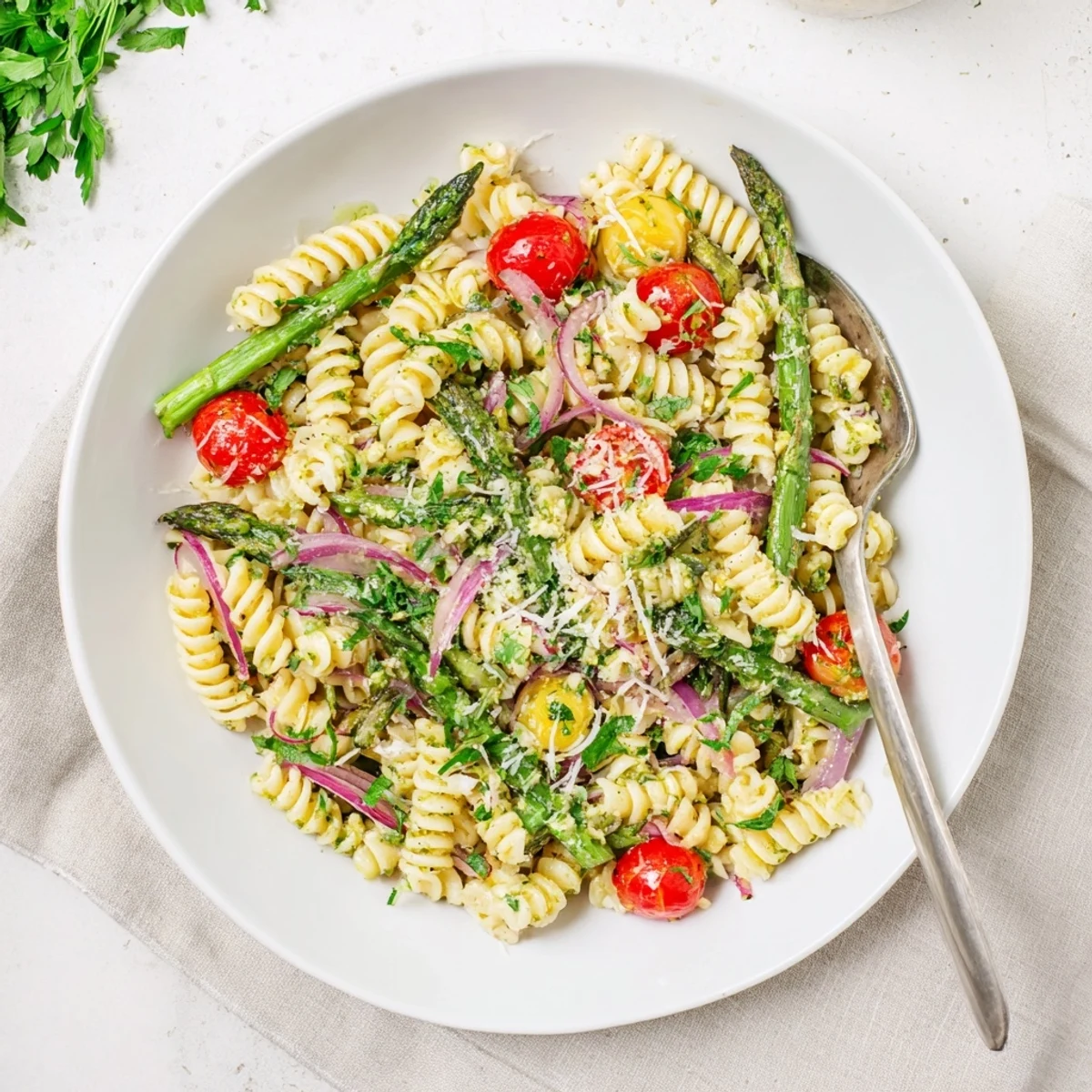 Refreshing lemon asparagus pasta salad featuring tender vegetables and light vinaigrette on white plate