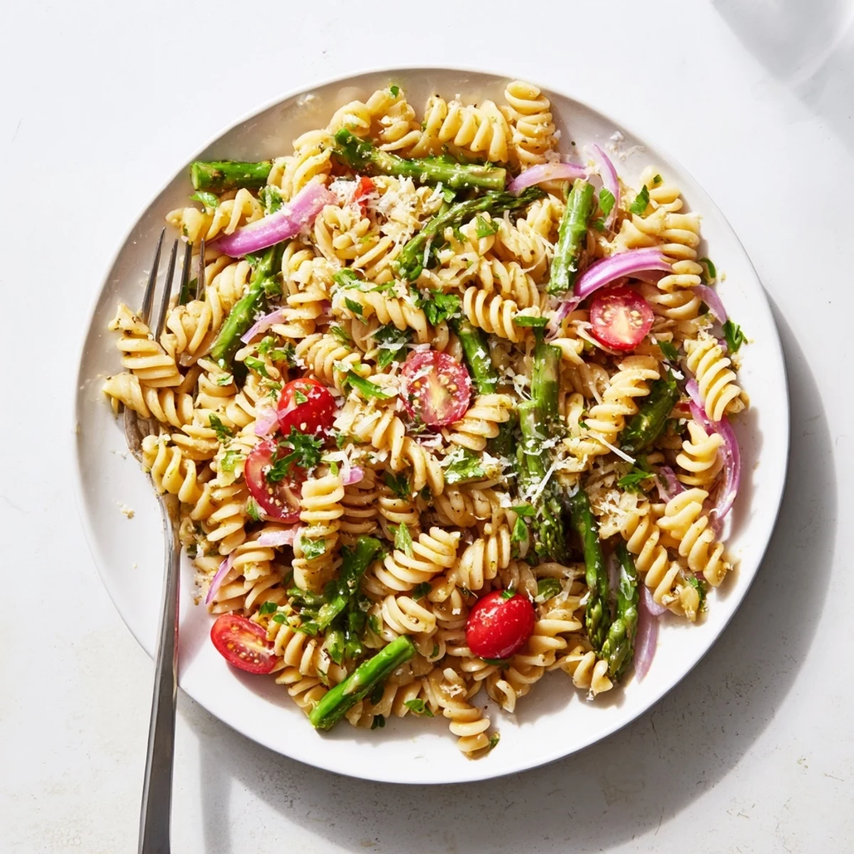 Colorful bowl of lemon asparagus pasta salad with cherry tomatoes and fresh parsley garnish