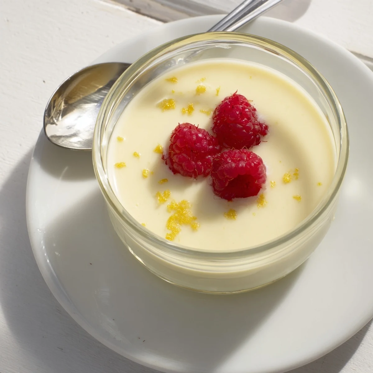 Creamy lemon posset set in glass cups topped with fresh berry garnish