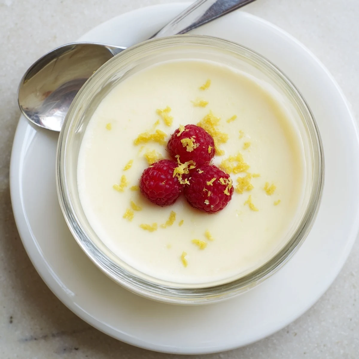 Silky British lemon posset dessert served chilled with shortbread cookies on white plate