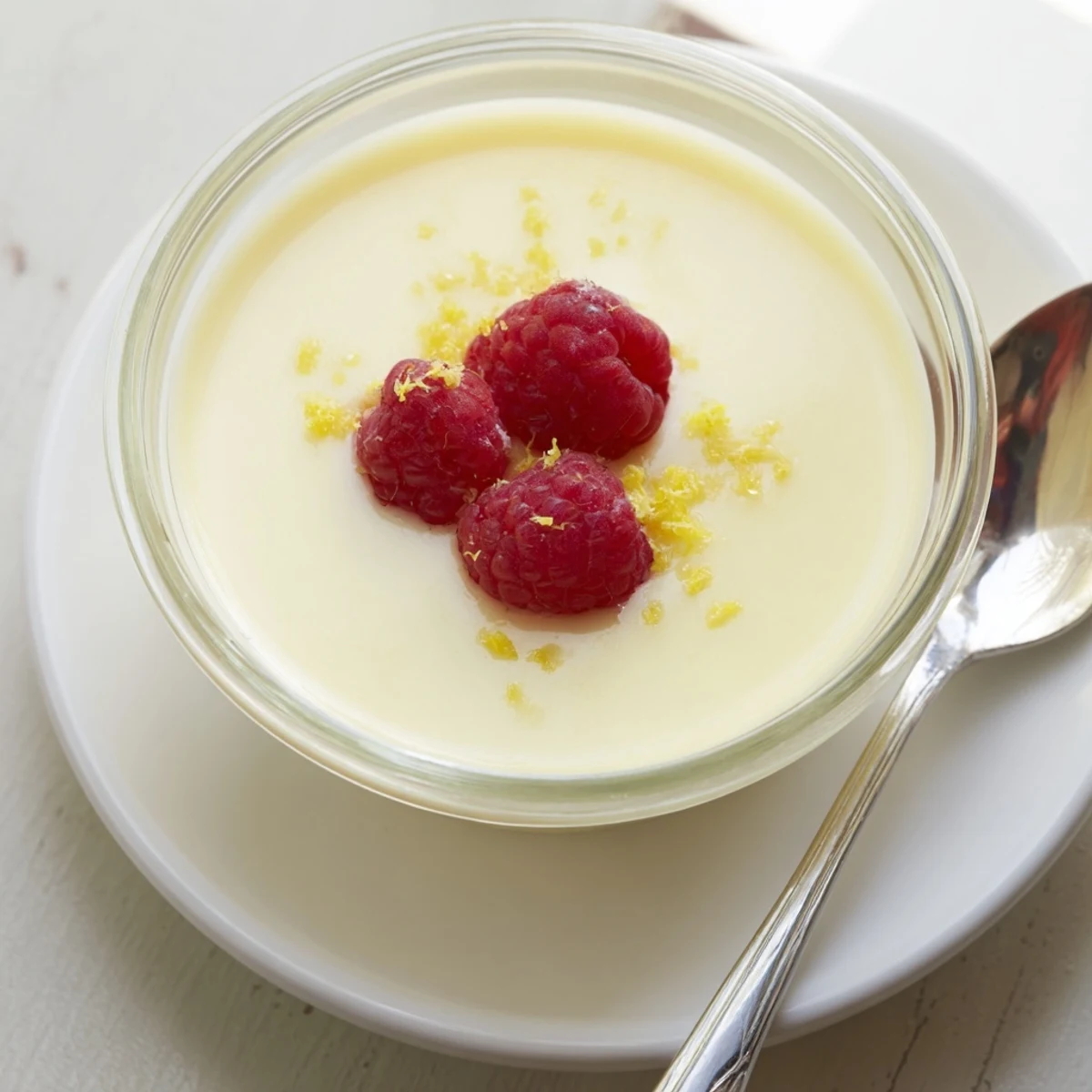 Rich lemon posset in individual ramekins with grated zest and fresh mint