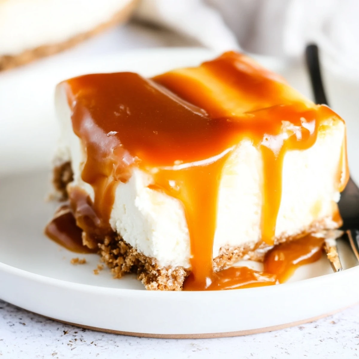 Golden caramel dripping over rich creamy caramel cheesecake bars on graham cracker crust