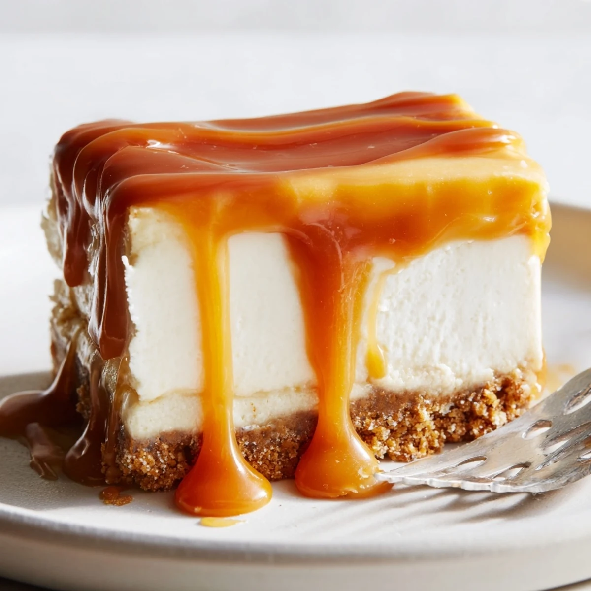 Square slice of caramel cheesecake bar with gooey topping and buttery crumb base