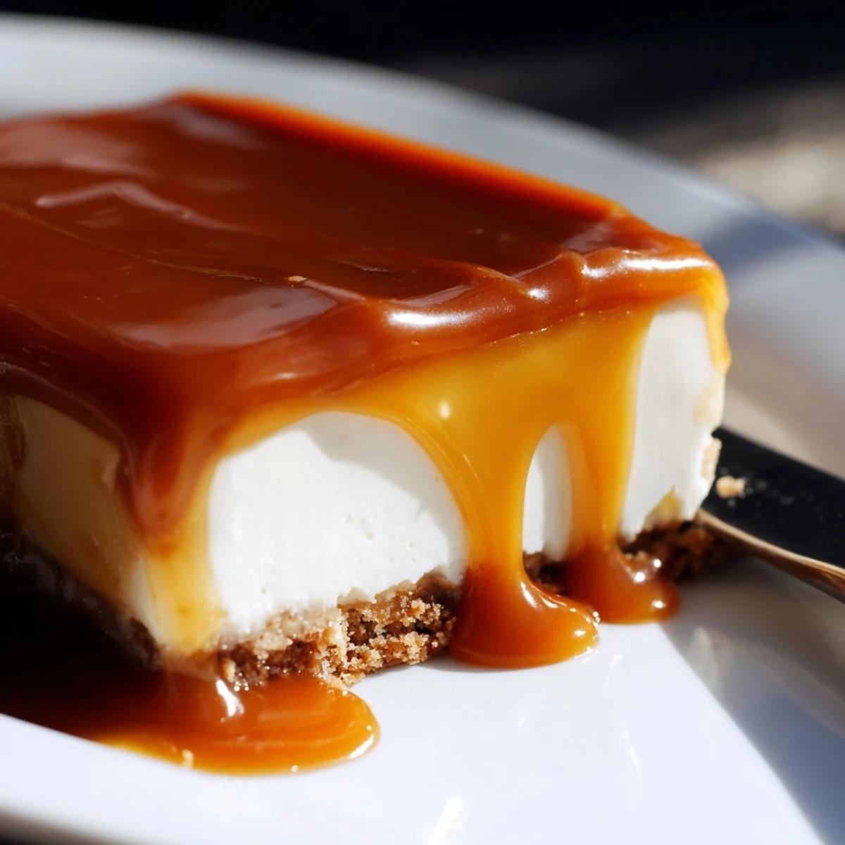 Homemade caramel cheesecake bars topped with amber sauce and served on white plate