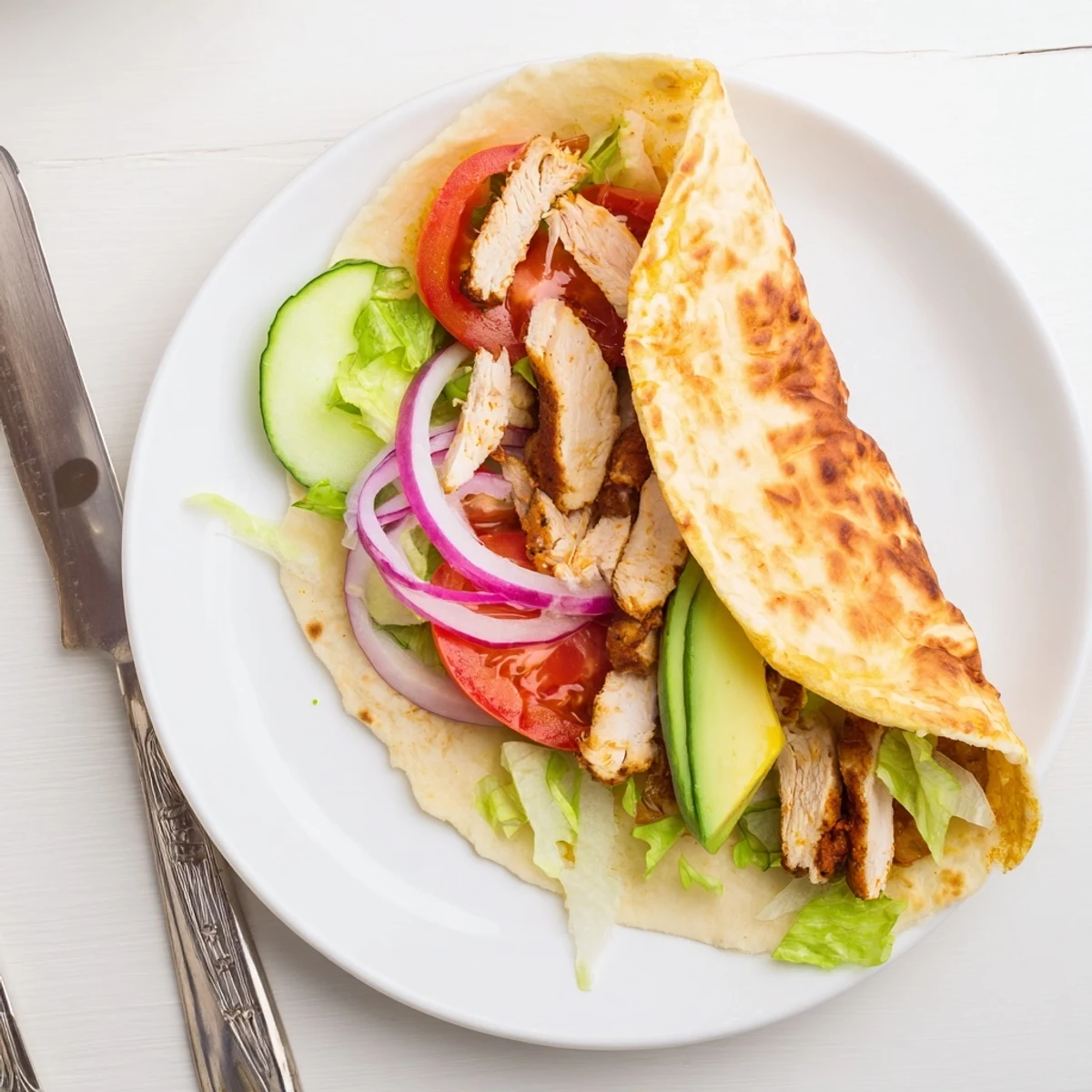 Golden brown cottage cheese flatbread wrap stuffed with seasoned grilled chicken and crisp fresh vegetables