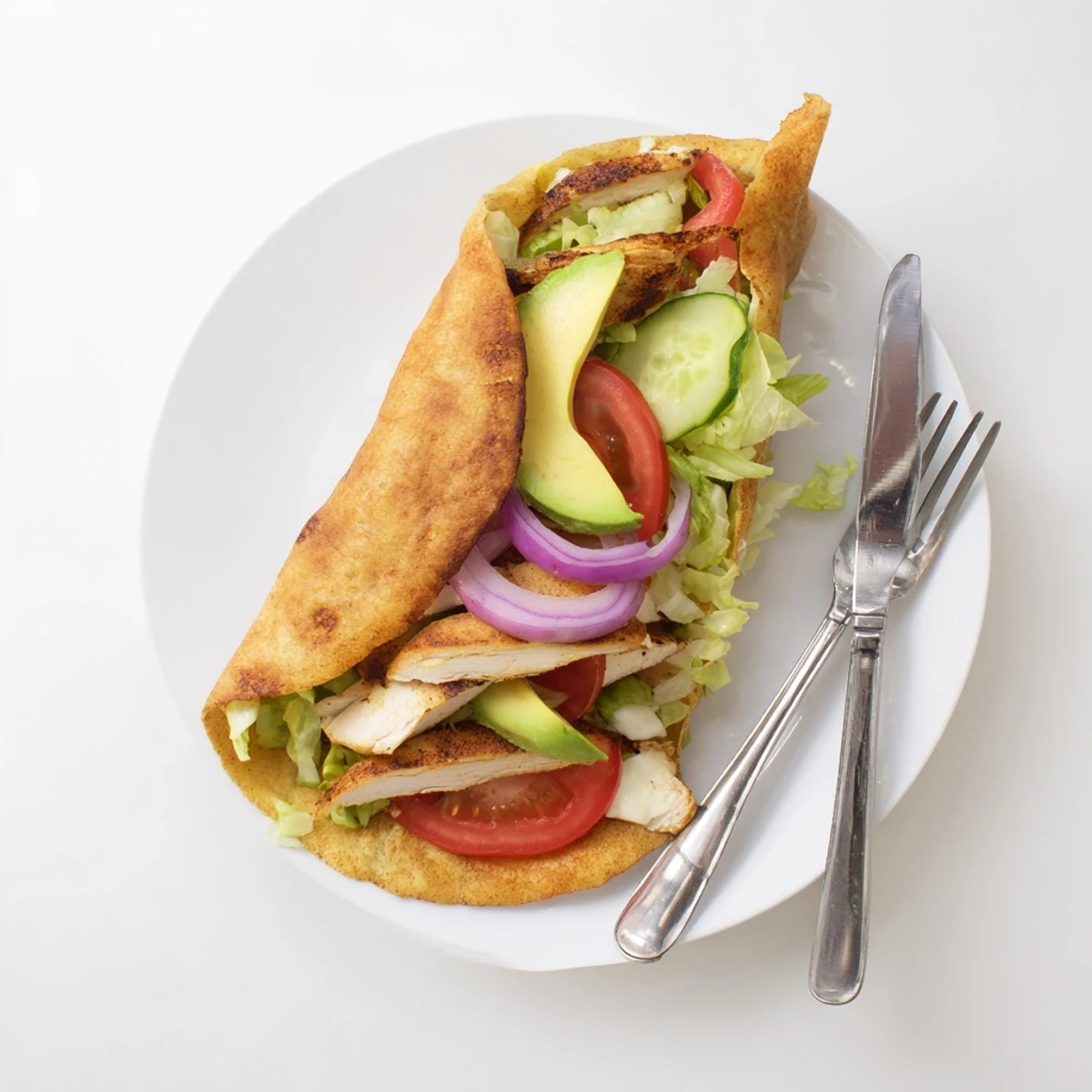 Protein-packed crispy cottage cheese flatbread chicken wraps featuring sliced avocado, lettuce, and ripe tomatoes