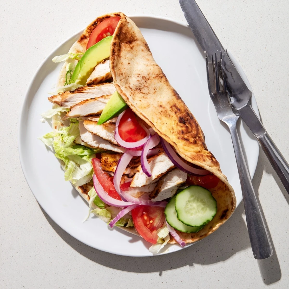Healthy high protein wrap displaying juicy spiced chicken and colorful veggies folded inside golden flatbread