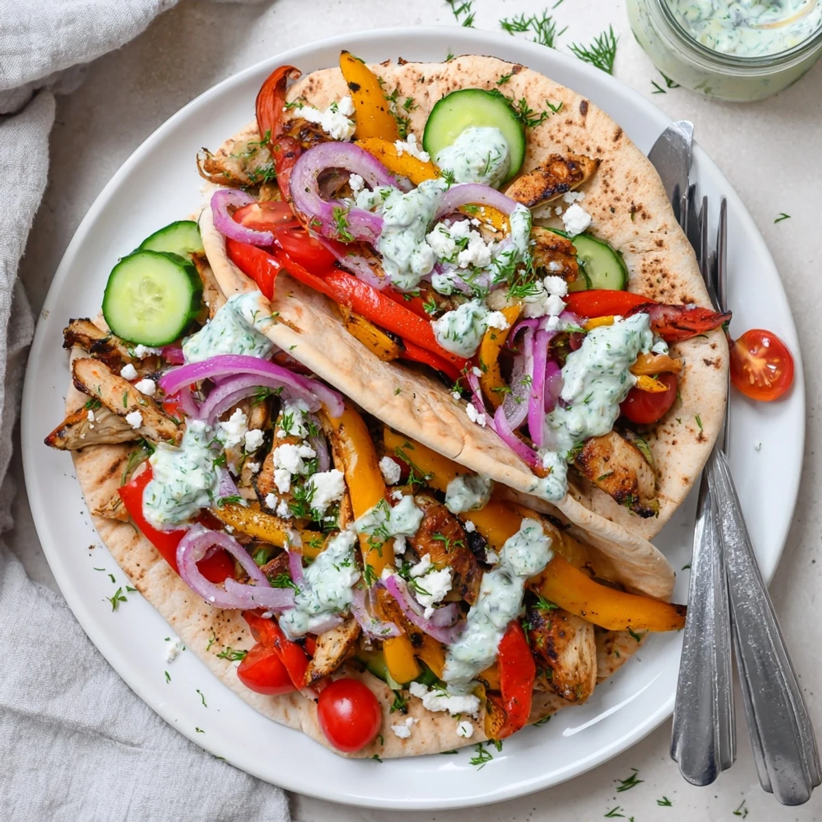 Golden sheet pan chicken pitas stuffed with roasted peppers and creamy herby ranch drizzle