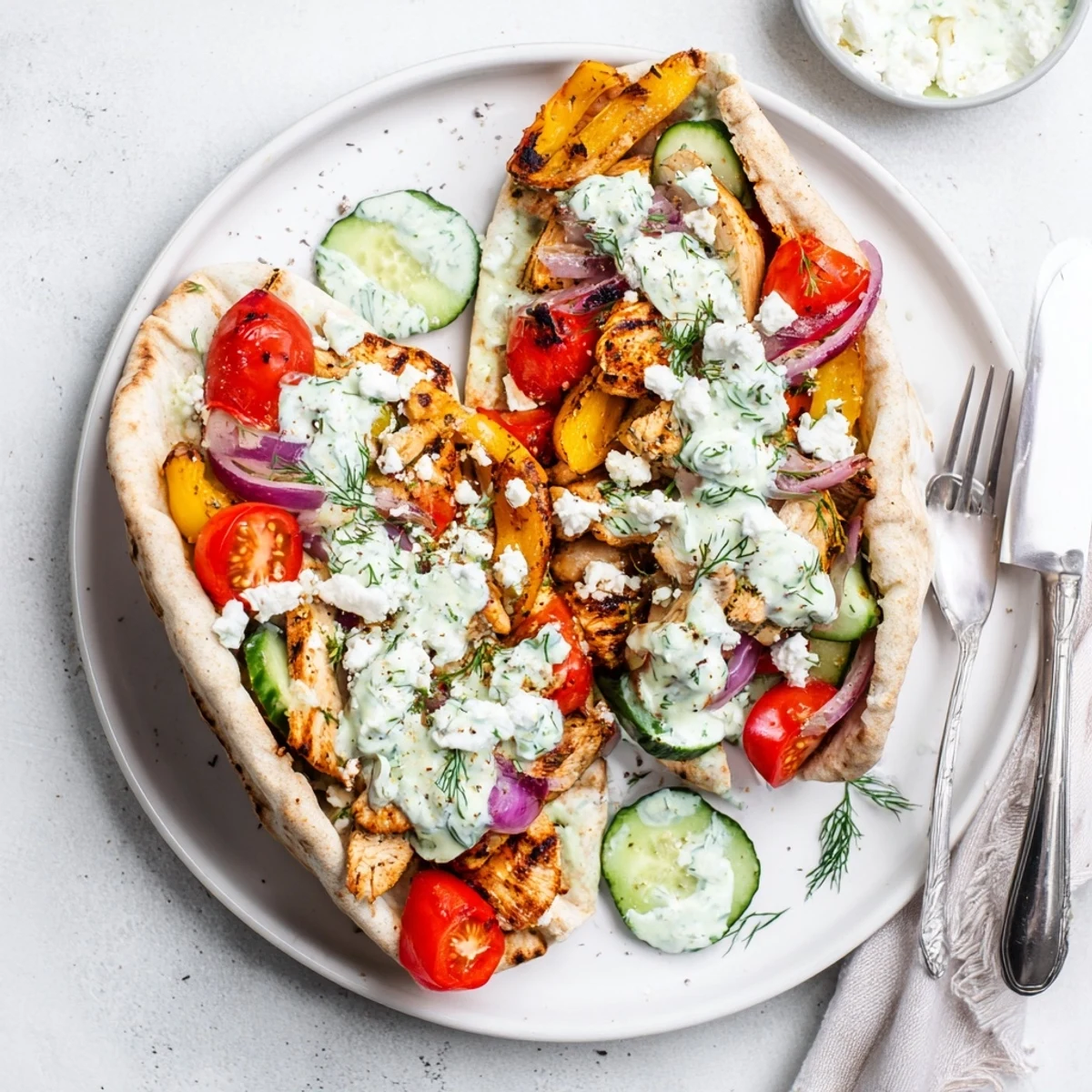 Complete chicken pita meal featuring roasted red bell peppers, onions, and tangy herb ranch topping