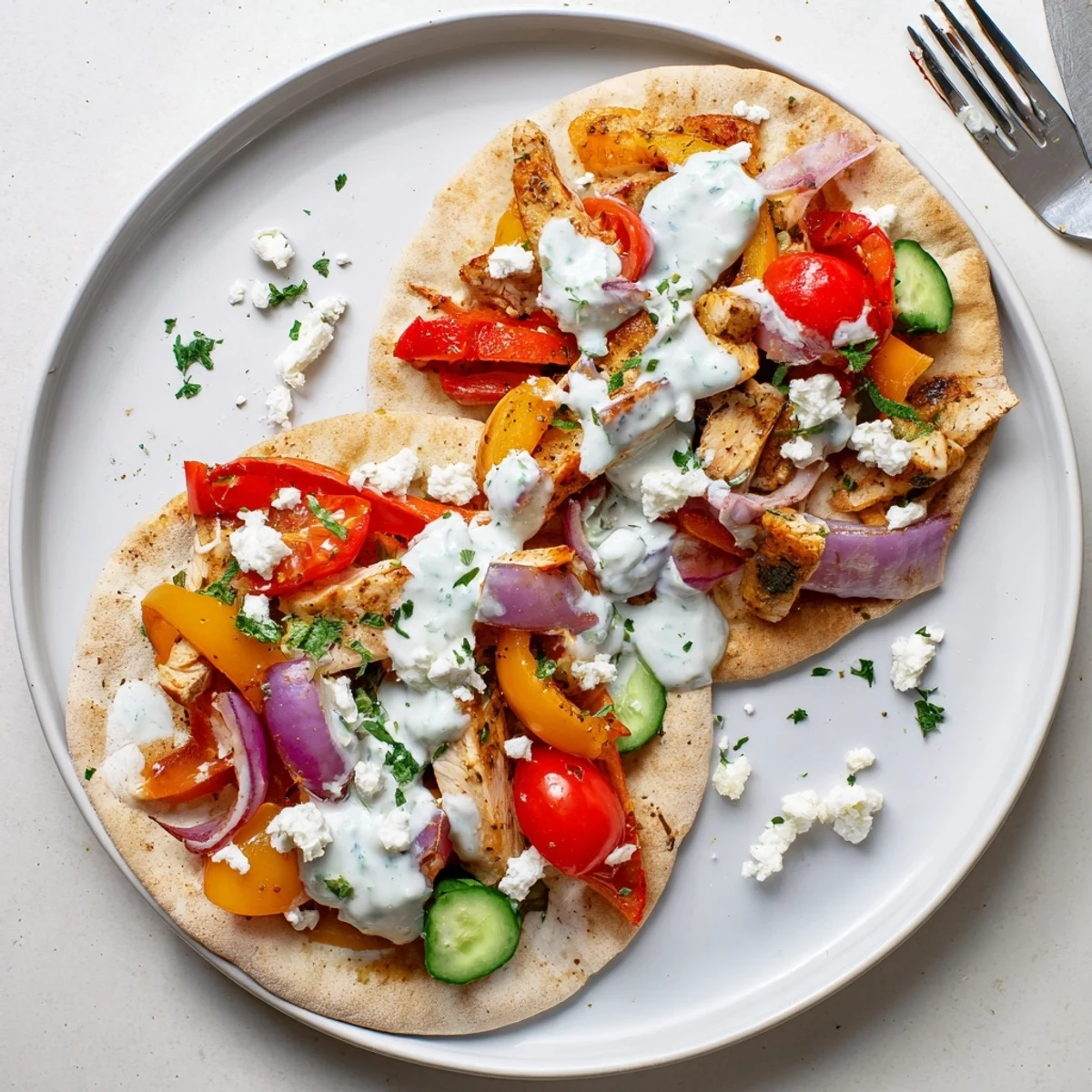 Warm pita pockets filled with spiced chicken, caramelized vegetables, and fresh homemade herby ranch sauce