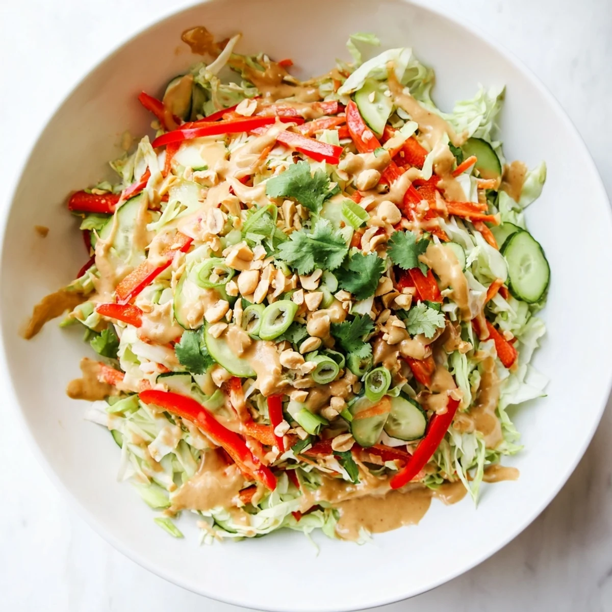 Fresh Thai salad peanut sauce tossed with shredded cabbage carrots cucumber and smooth peanut dressing