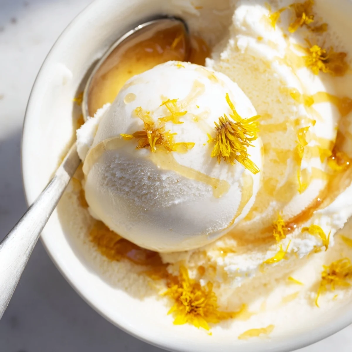 Creamy dandelion honey ice cream scooped into a bowl with golden honey drizzle