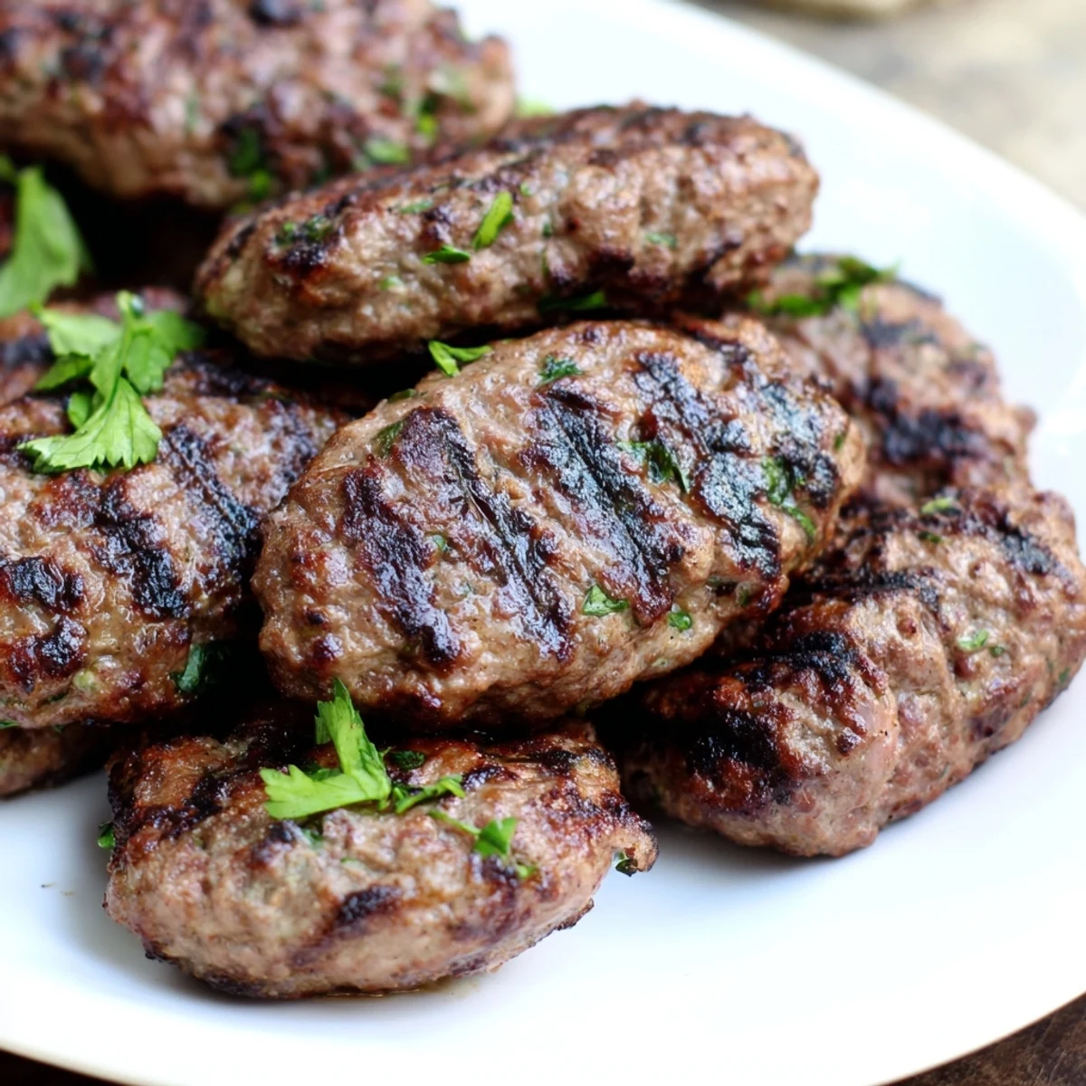 Golden brown Lebanese kafta kebabs grilled to perfection with fresh parsley garnish