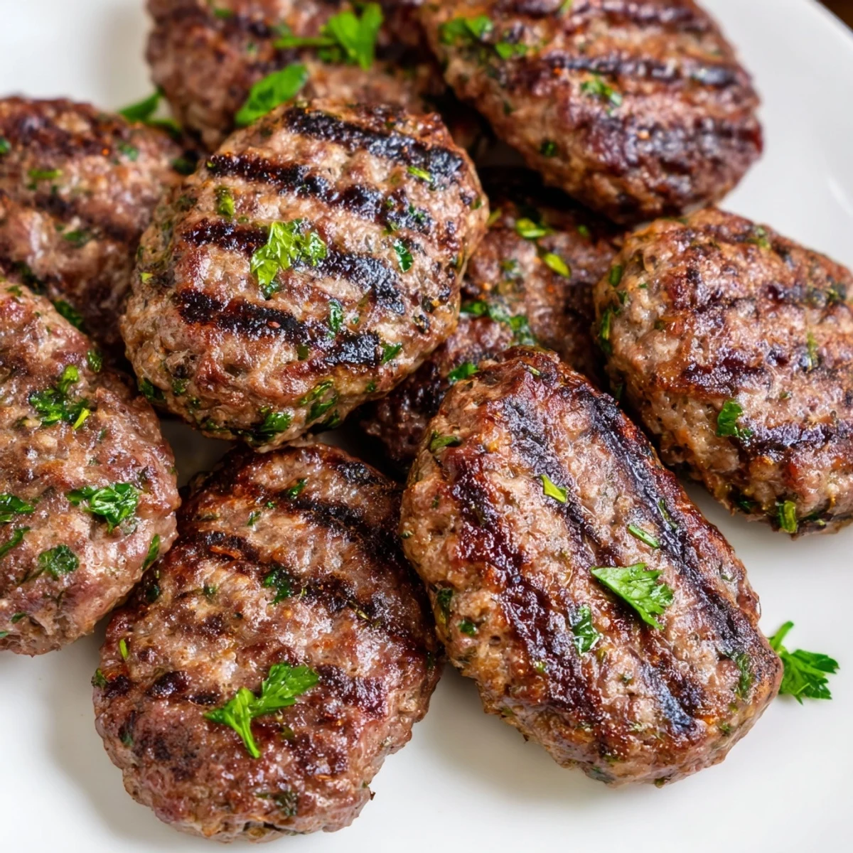 Juicy spiced lamb kafta patties served alongside warm pita bread and lemon wedges