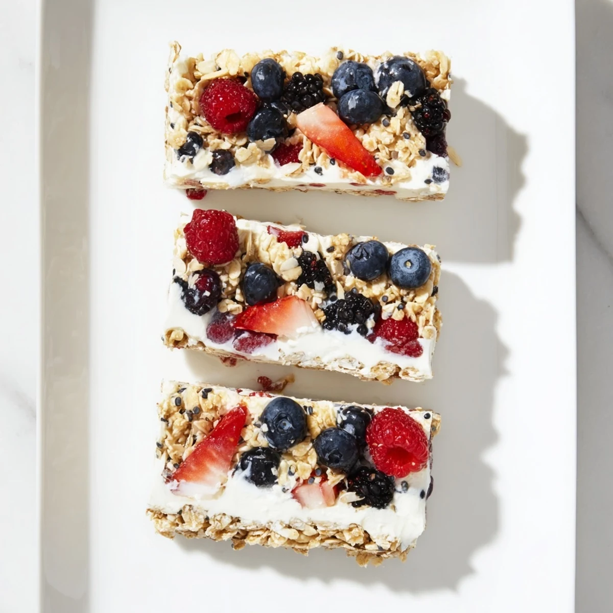 No bake frozen yogurt berry granola bars layered with creamy yogurt and colorful fresh berries