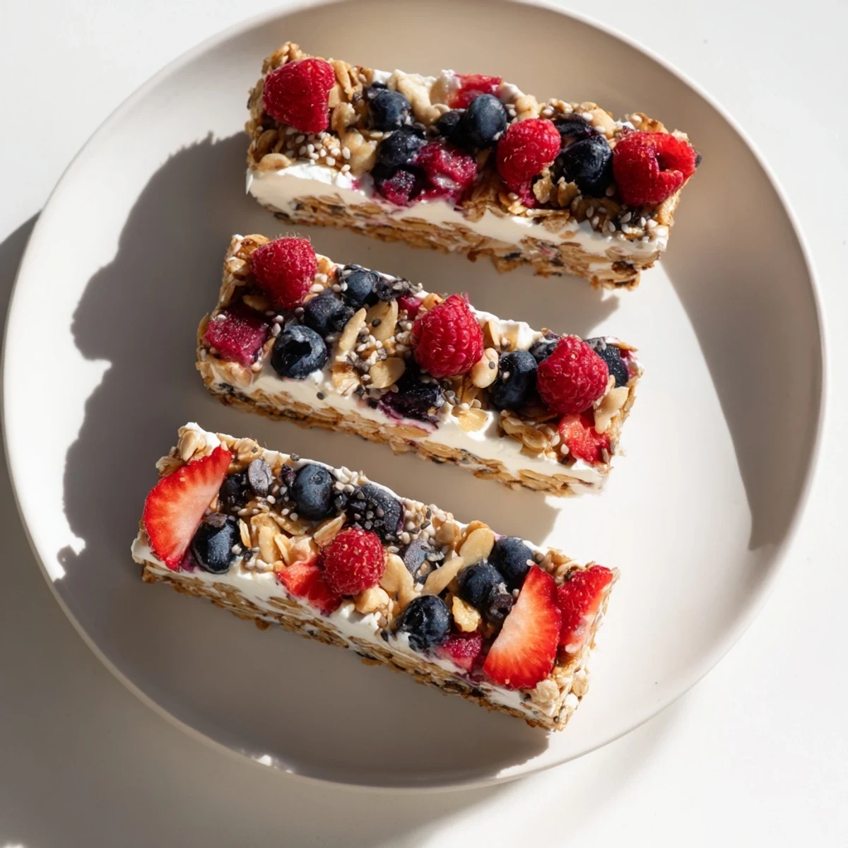 Healthy frozen yogurt berry granola bars featuring crunchy granola base topped with vibrant mixed berries