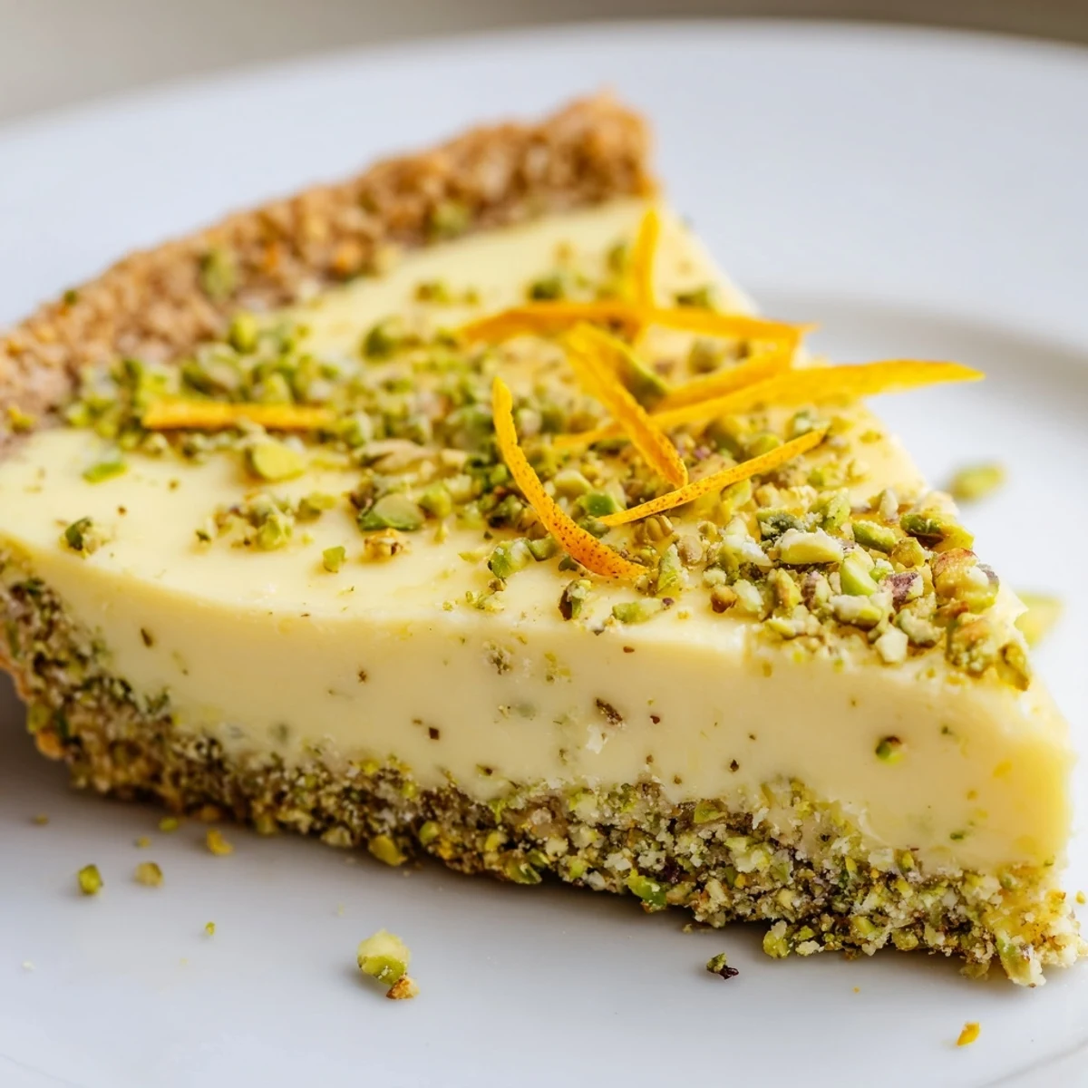 Orange cardamom tart with pistachio crust garnished with chopped pistachios and fresh orange zest