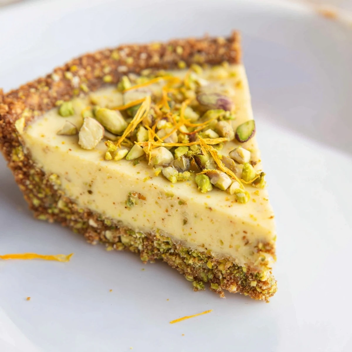 Creamy orange cardamom filling in a crisp green pistachio crust, served on elegant white plate
