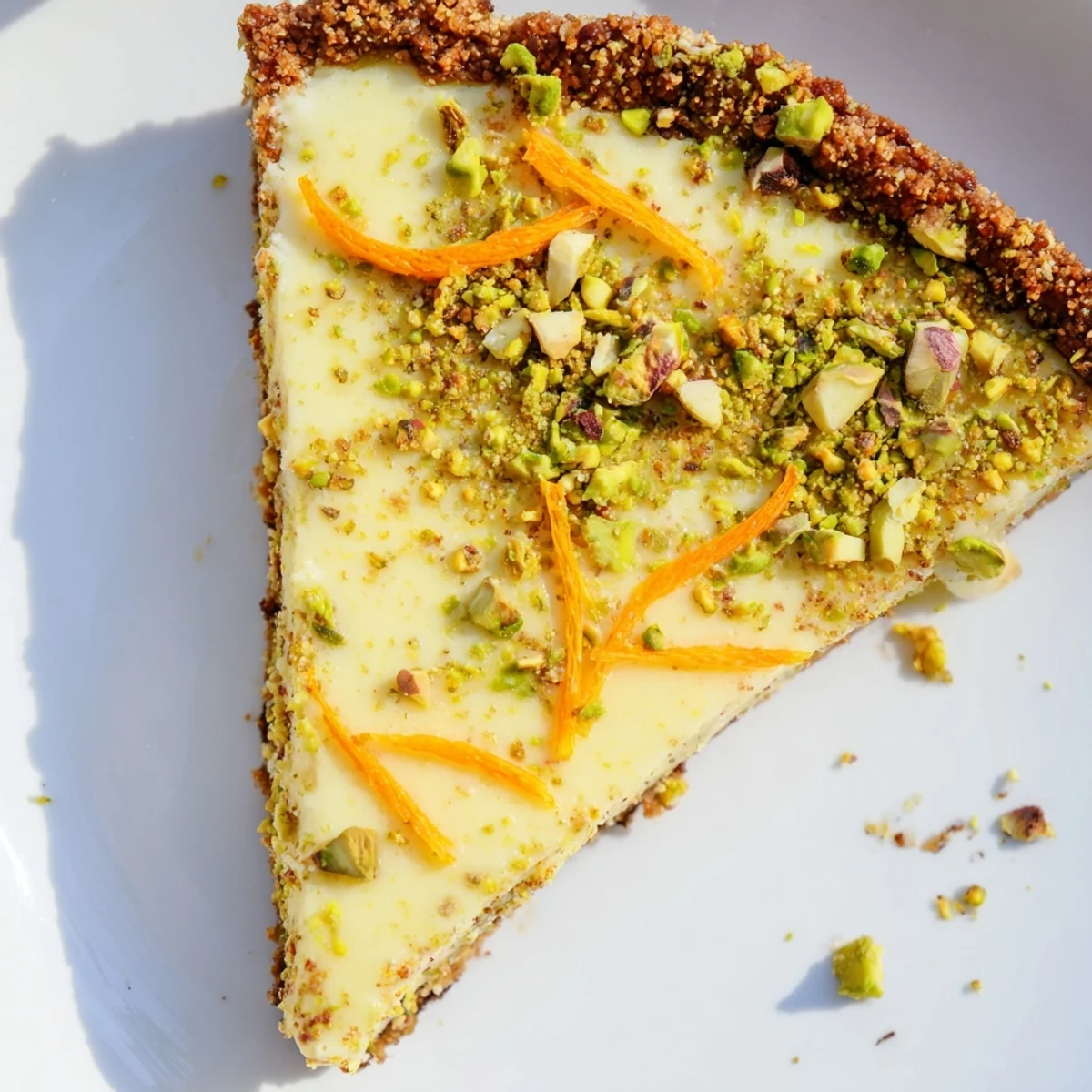 Golden orange cardamom tart sliced to reveal smooth citrus custard in nutty pistachio pastry crust