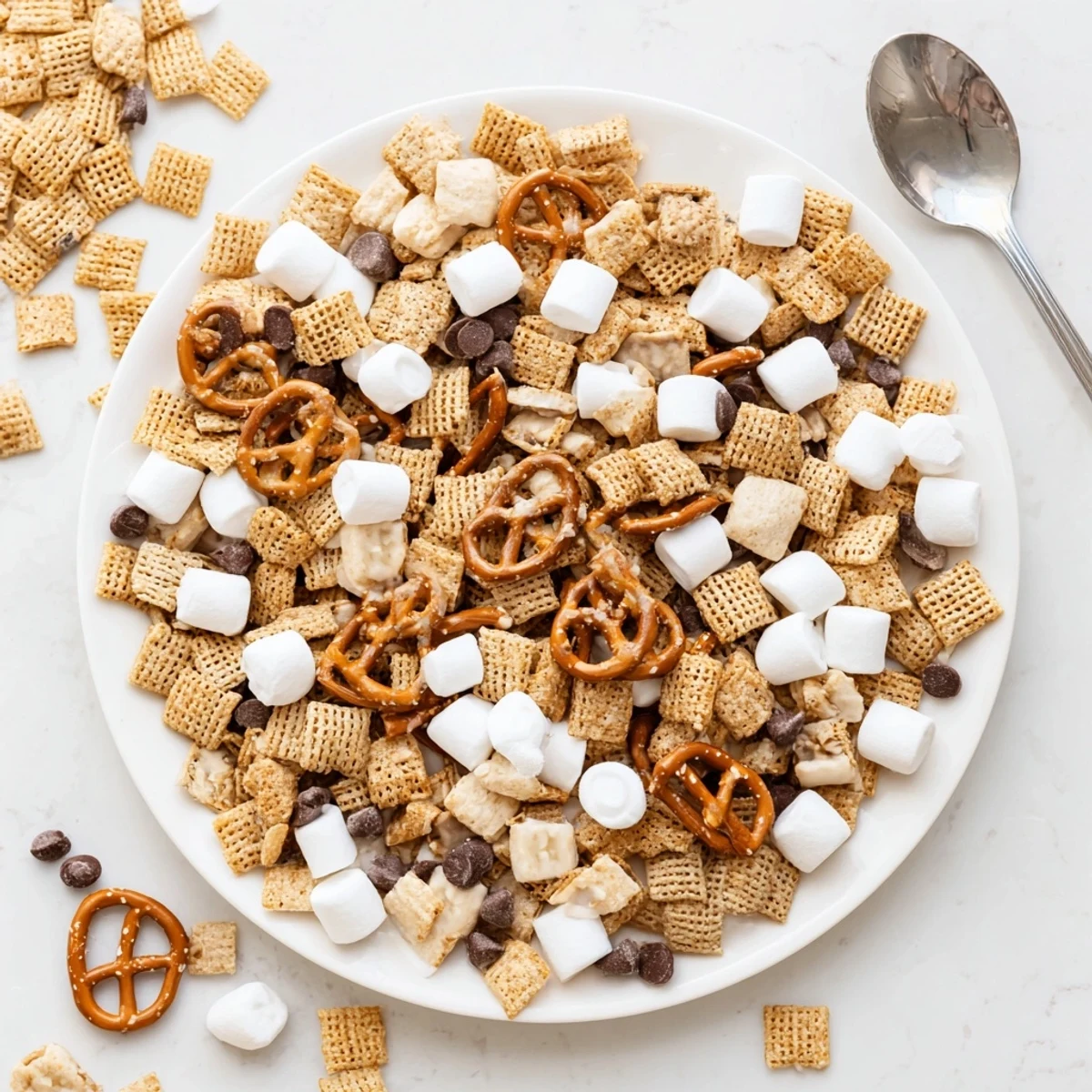 Golden brown graham cereal, fluffy marshmallows, and milk chocolate chips in a s'mores snack mix recipe