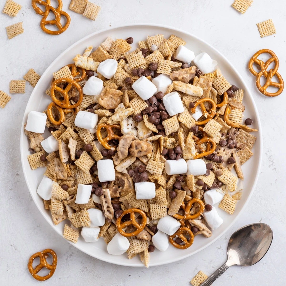 Sweet and salty s'mores snack mix recipe with mini marshmallows scattered among graham cracker cereal pieces