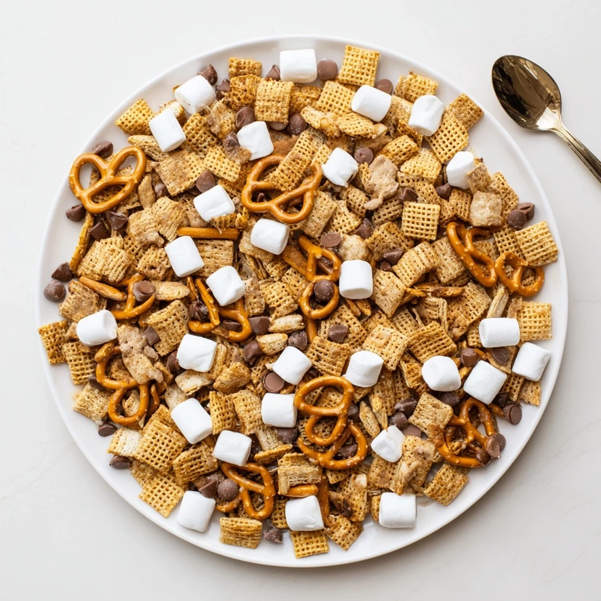 Bowl filled with crunchy s'mores snack mix recipe featuring pretzels, cereal, and melted chocolate chunks