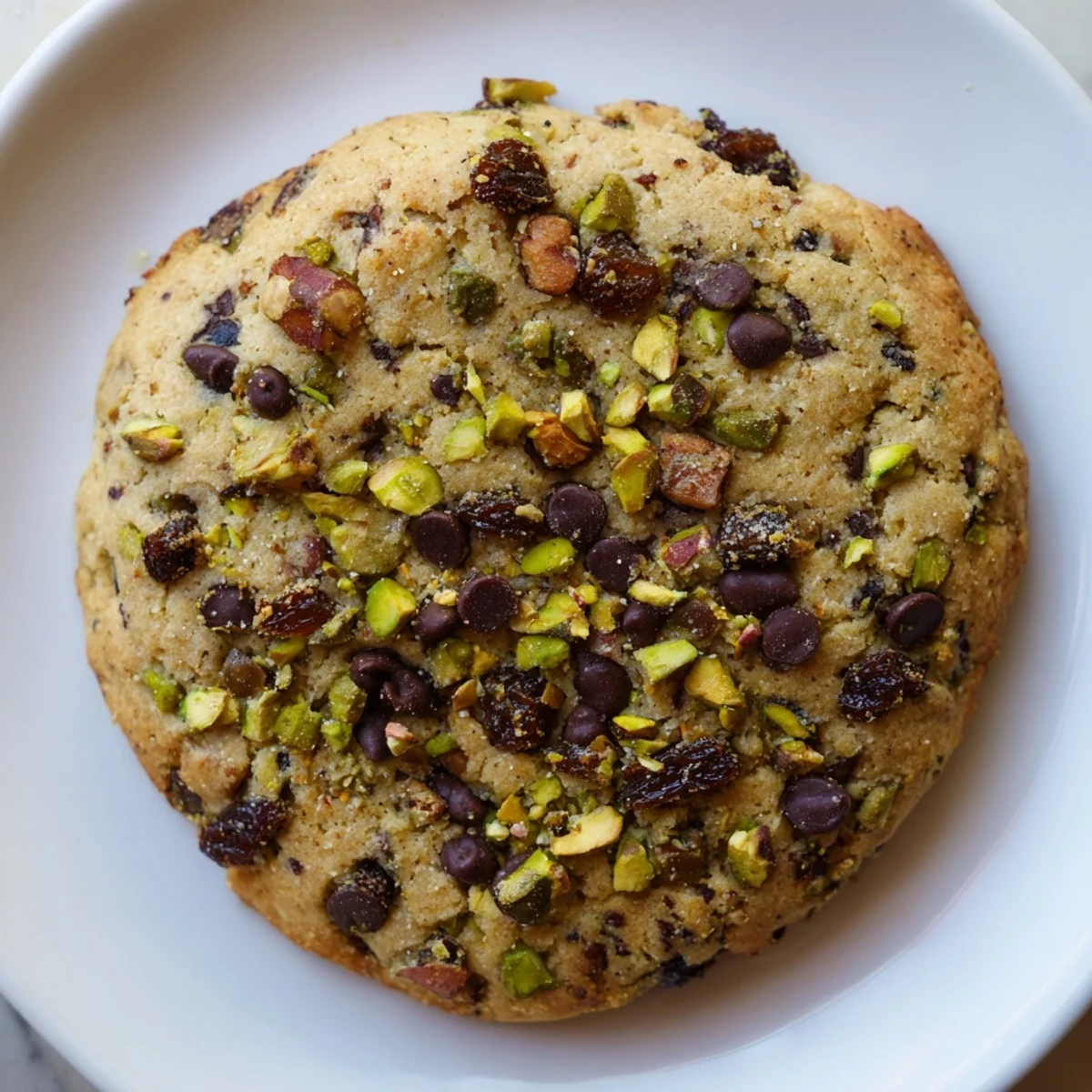 Golden Dubai chewy cookie studded with chopped pistachios and sweet dates on a white plate