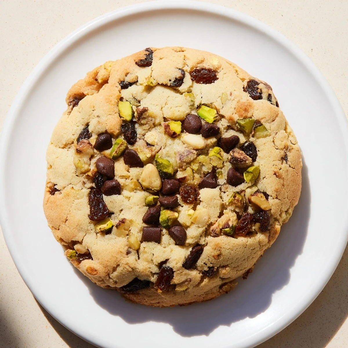 Middle Eastern inspired Dubai chewy cookie topped with green pistachios and melted chocolate chips
