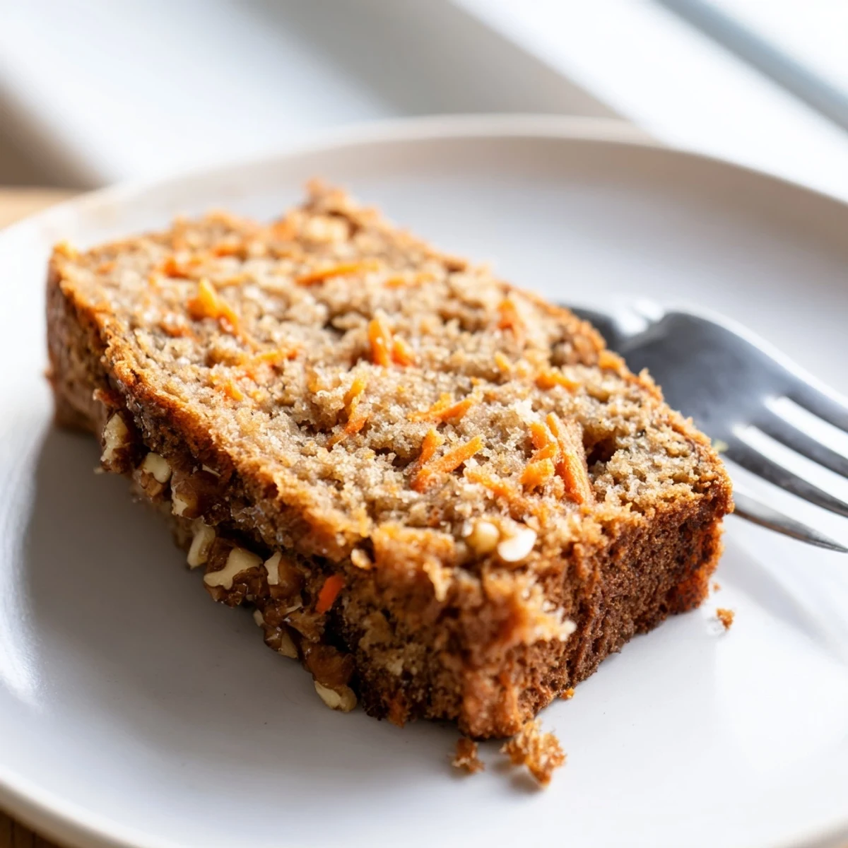 Golden brown carrot cake banana bread loaf topped with cream cheese frosting and walnuts