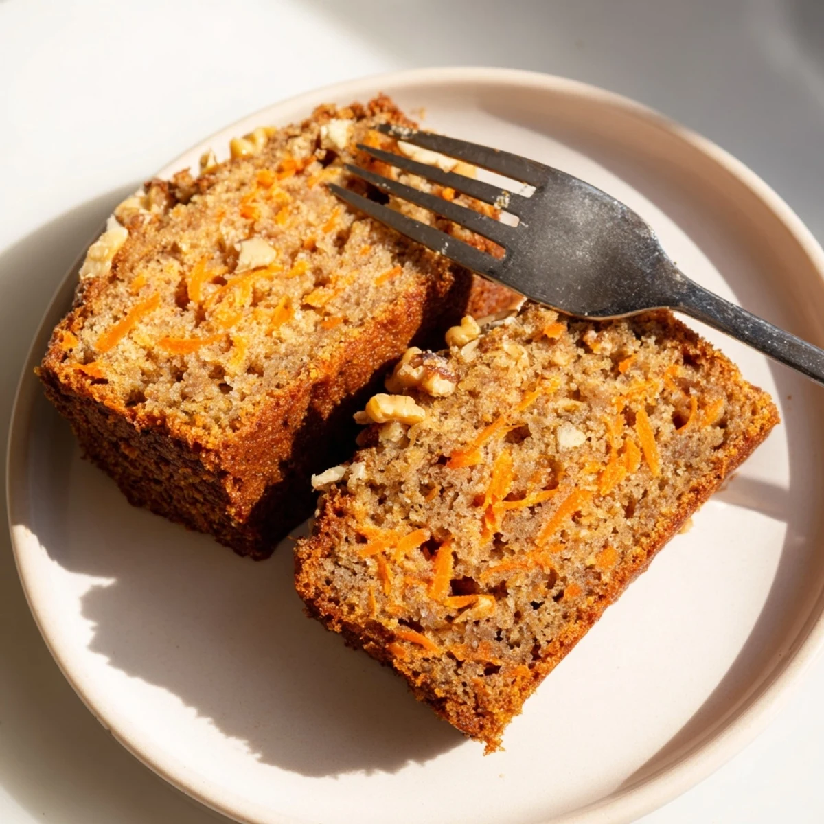 Sliced spiced carrot cake banana bread revealing moist texture with grated carrot flecks