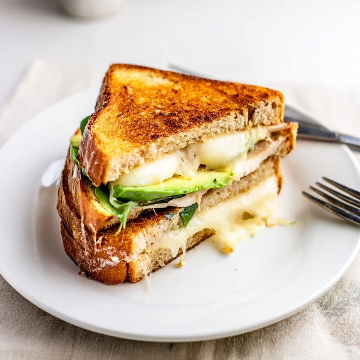 Golden brown Chicken Avocado Melt Sandwich with melted cheese oozing from toasted sourdough bread