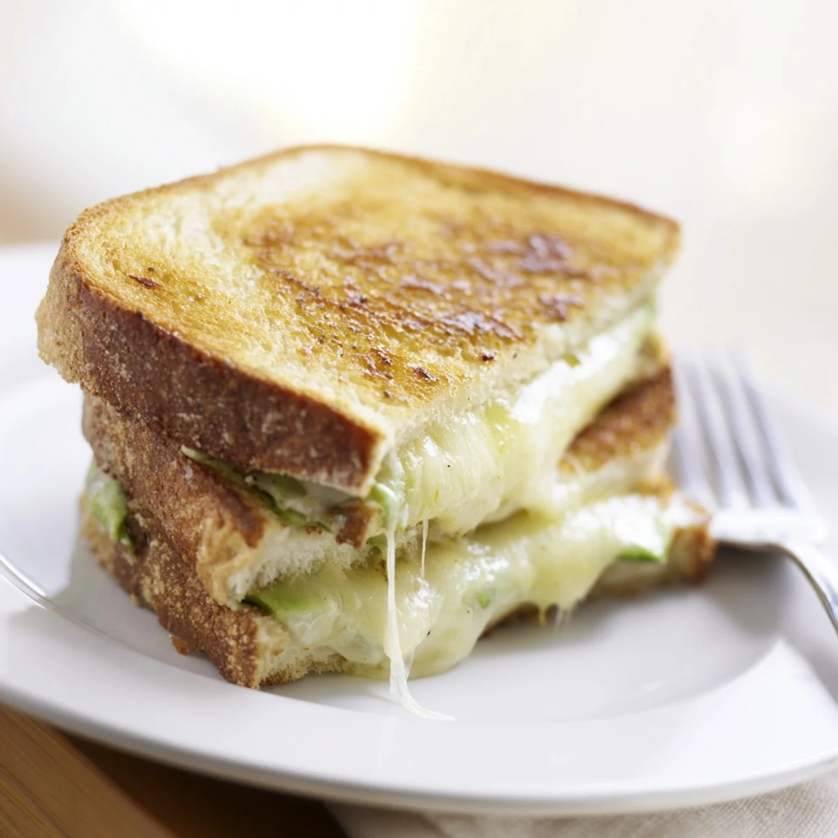 Warm Chicken Avocado Melt Sandwich served on a white plate with fresh green avocado slices visible