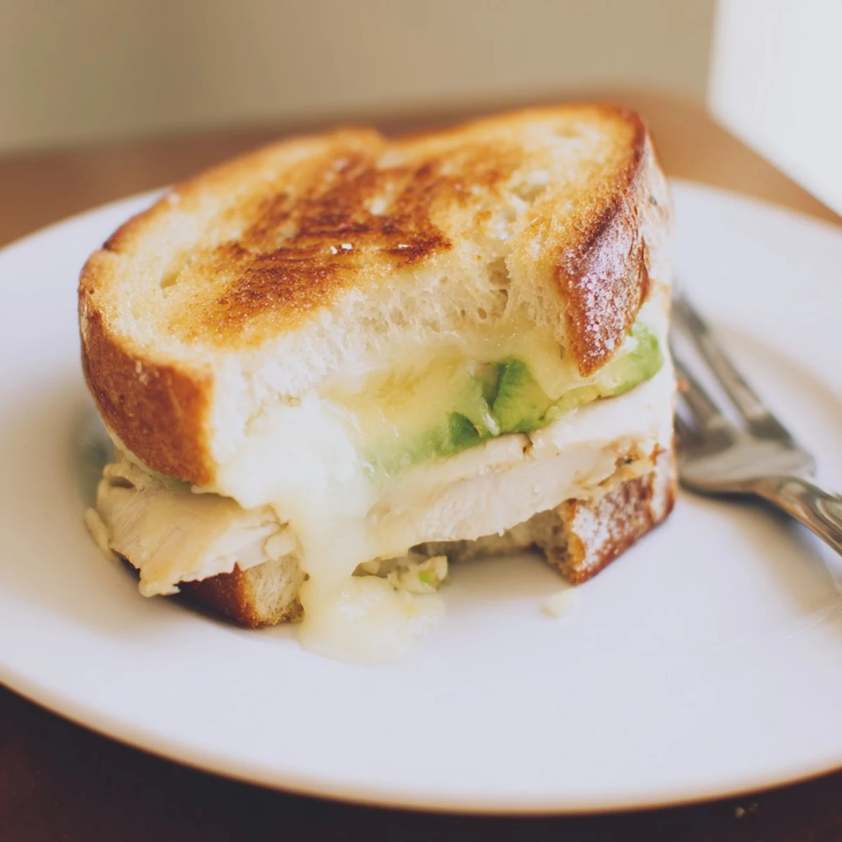 Sliced open Chicken Avocado Melt Sandwich revealing layers of creamy avocado and tender chicken on crisp bread