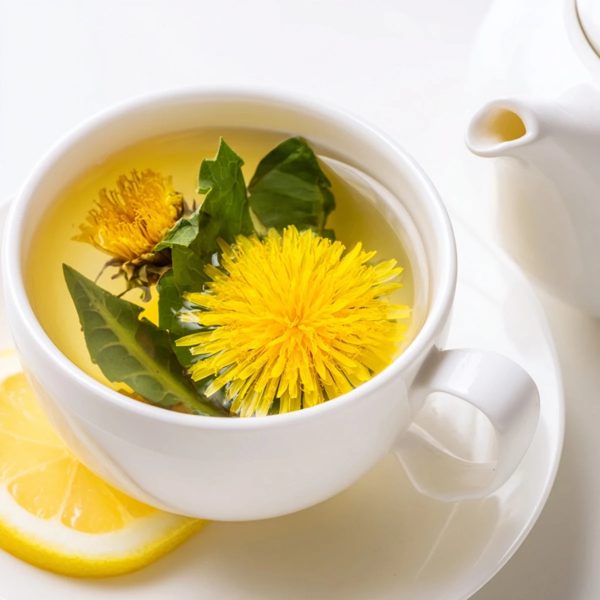 Golden dandelion tea steaming in a white ceramic cup with fresh petals floating on top