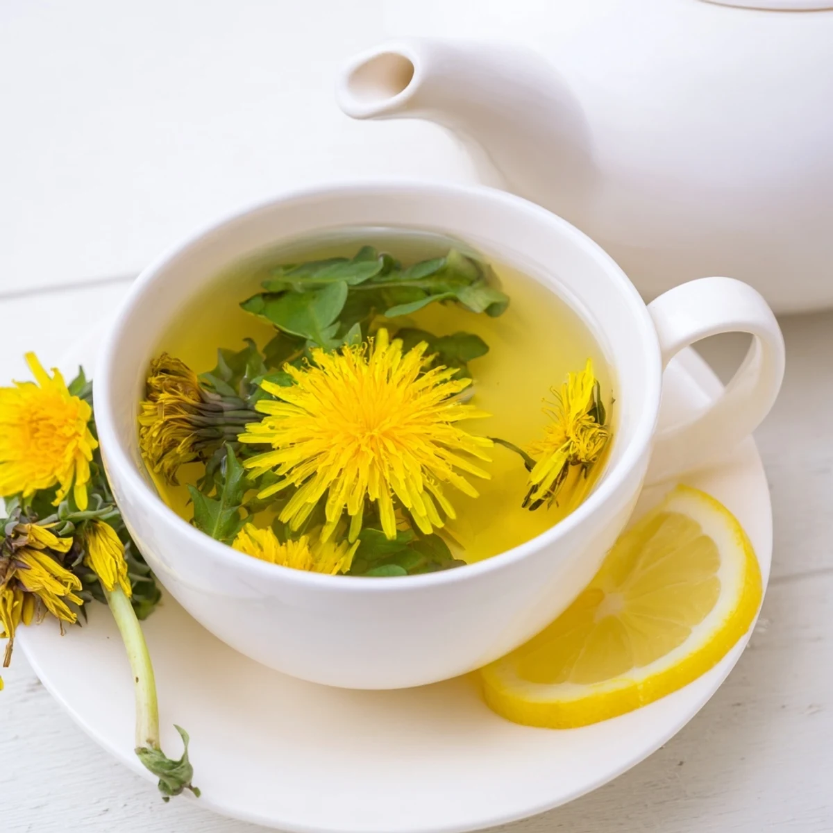 Clear glass mug of earthy dandelion infusion garnished with lemon slice and honey drizzle
