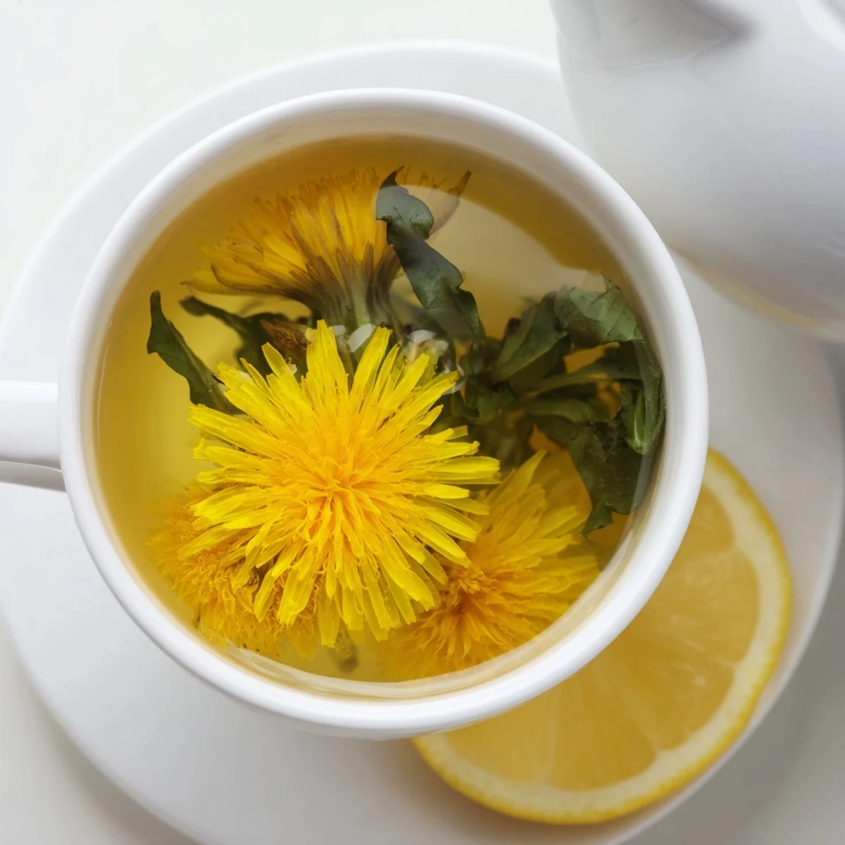 Warm dandelion herbal tea pouring from kettle with vibrant yellow flowers beside the cup