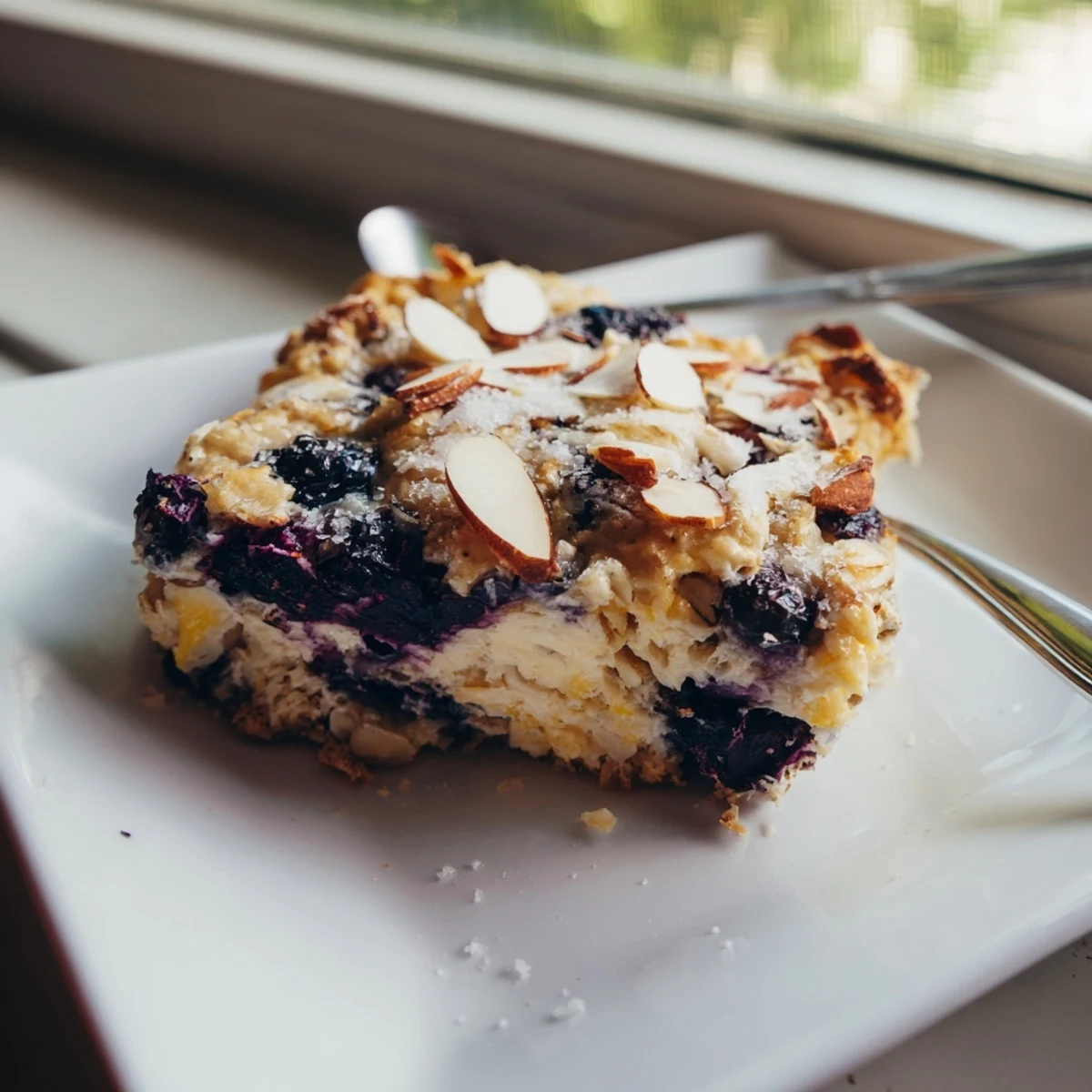 Golden blueberry cottage cheese breakfast bake with juicy berries bubbling on a tender oatmeal crust