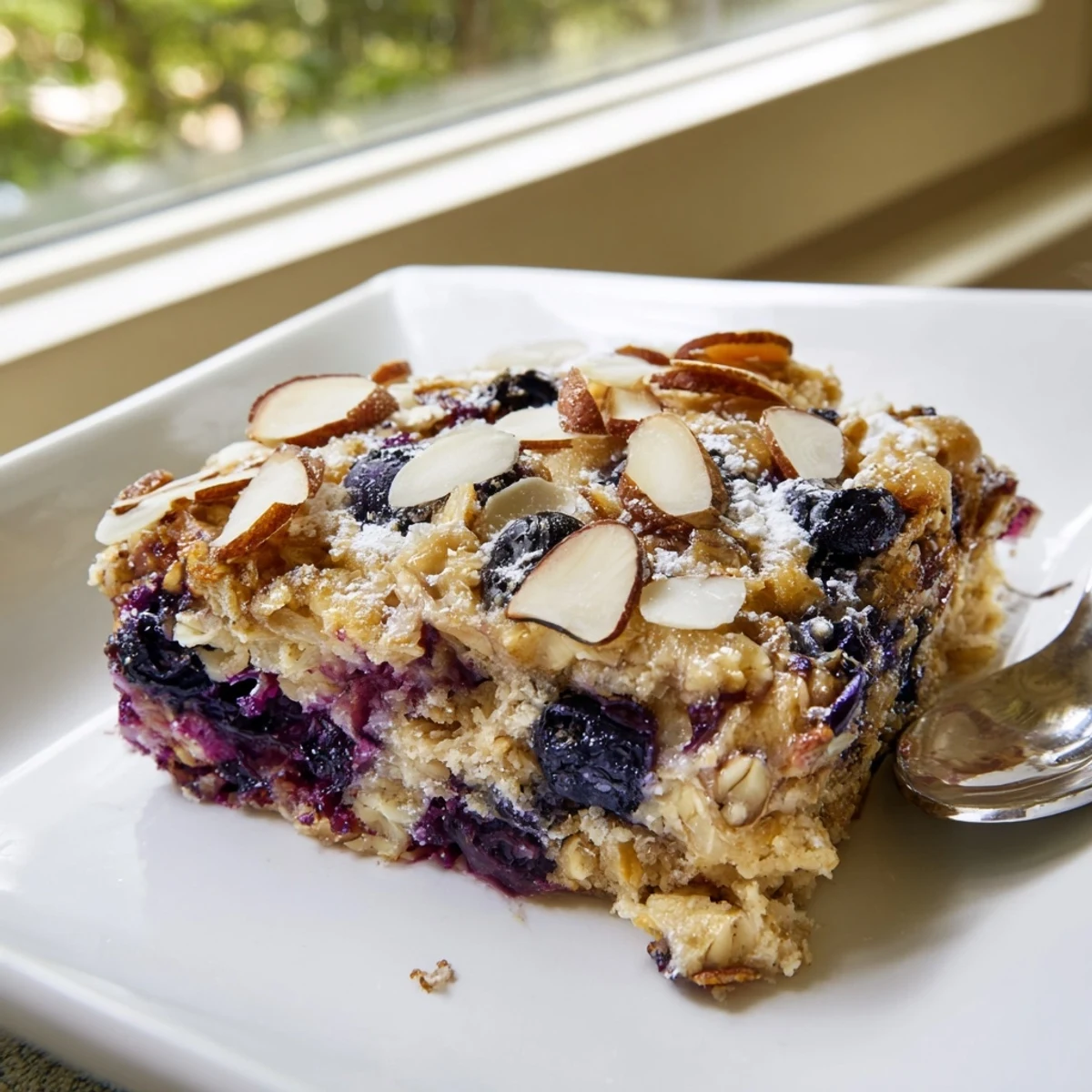Sliced square of warm blueberry cottage cheese breakfast bake topped with fresh berries and maple drizzle