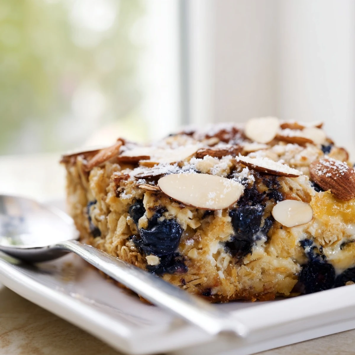 Homemade blueberry cottage cheese breakfast bake fresh from the oven with golden edges and creamy center