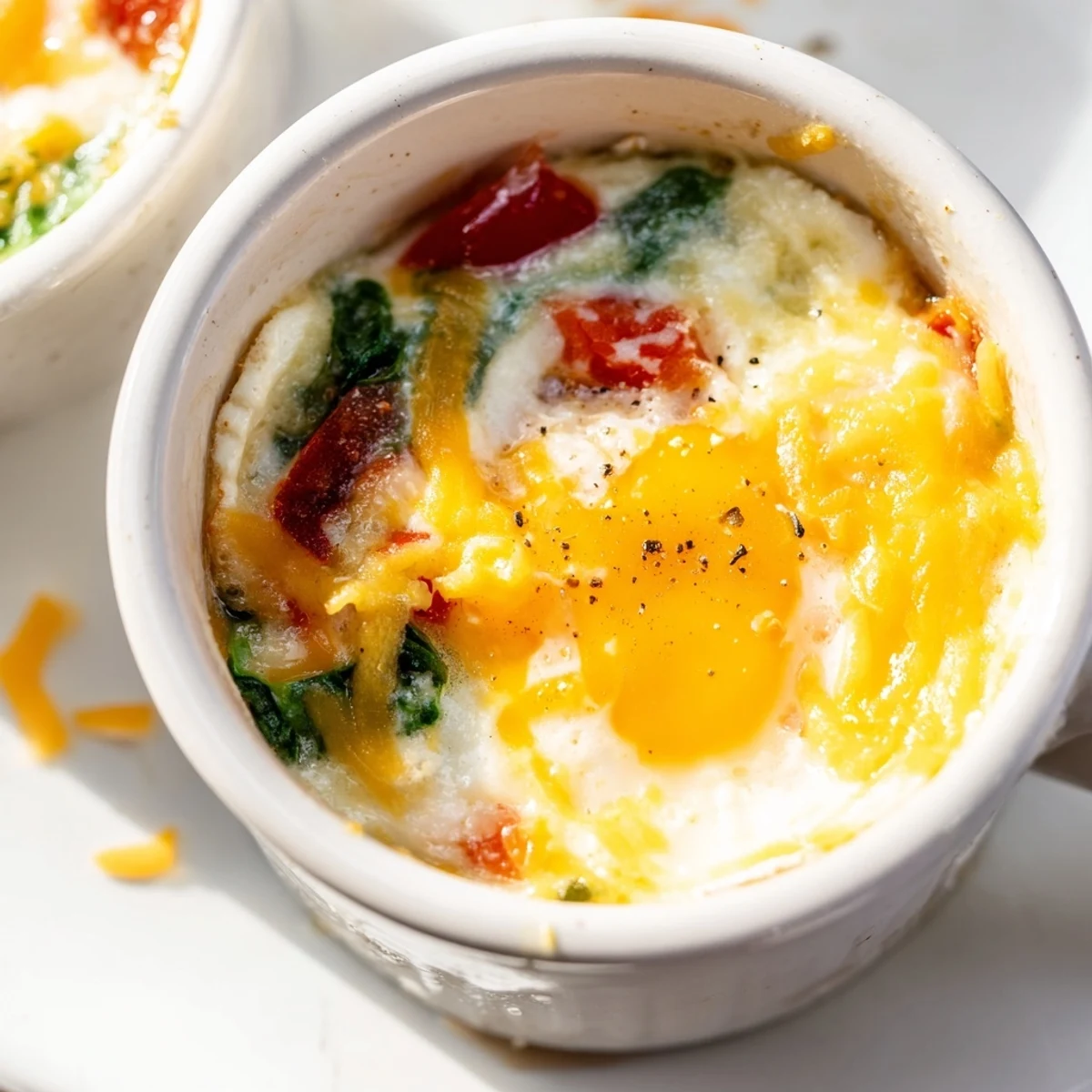 Protein-rich baked cottage cheese eggs featuring runny yolks over creamy white cheese base