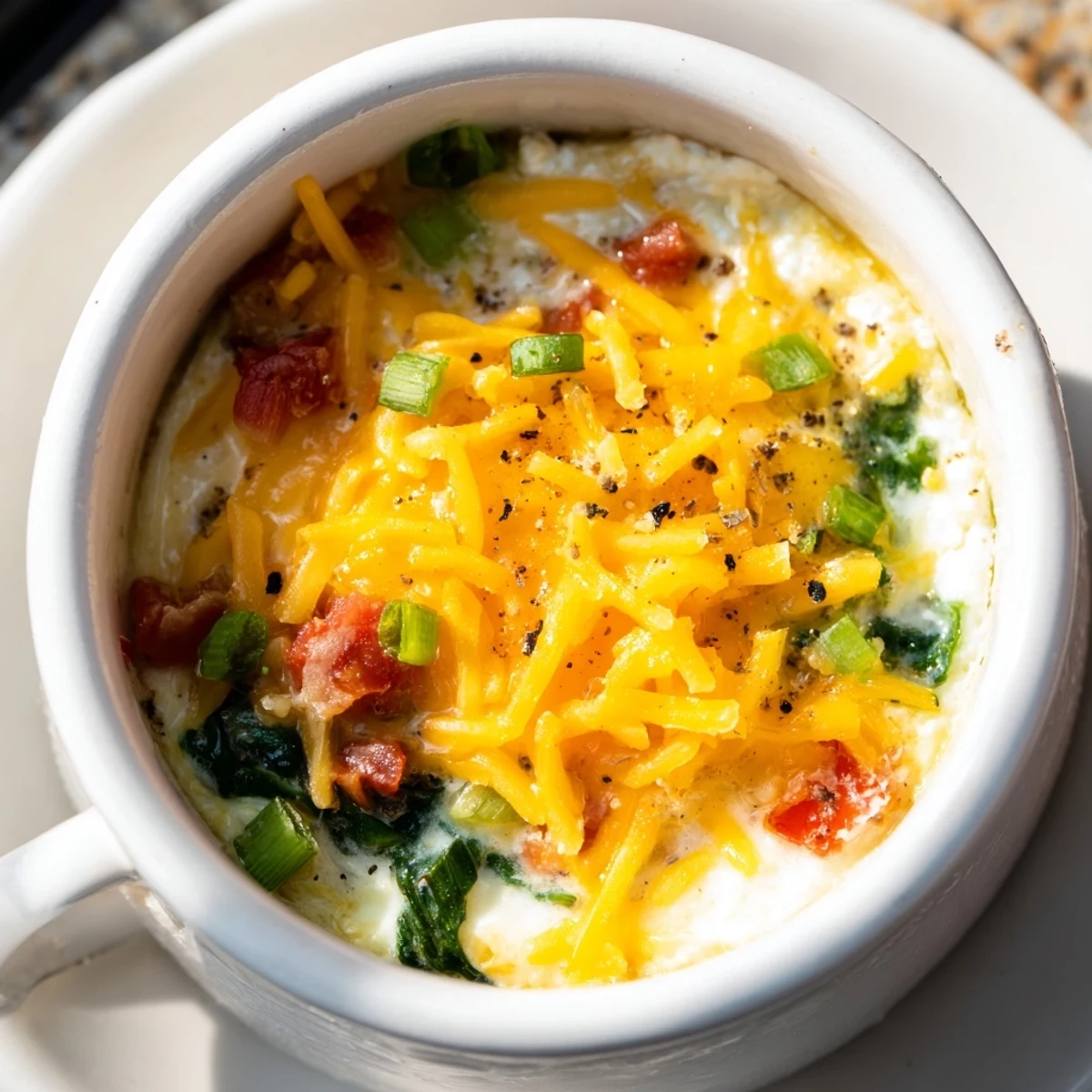 Wholesome breakfast of baked cottage cheese eggs topped with scallions and paprika sprinkle