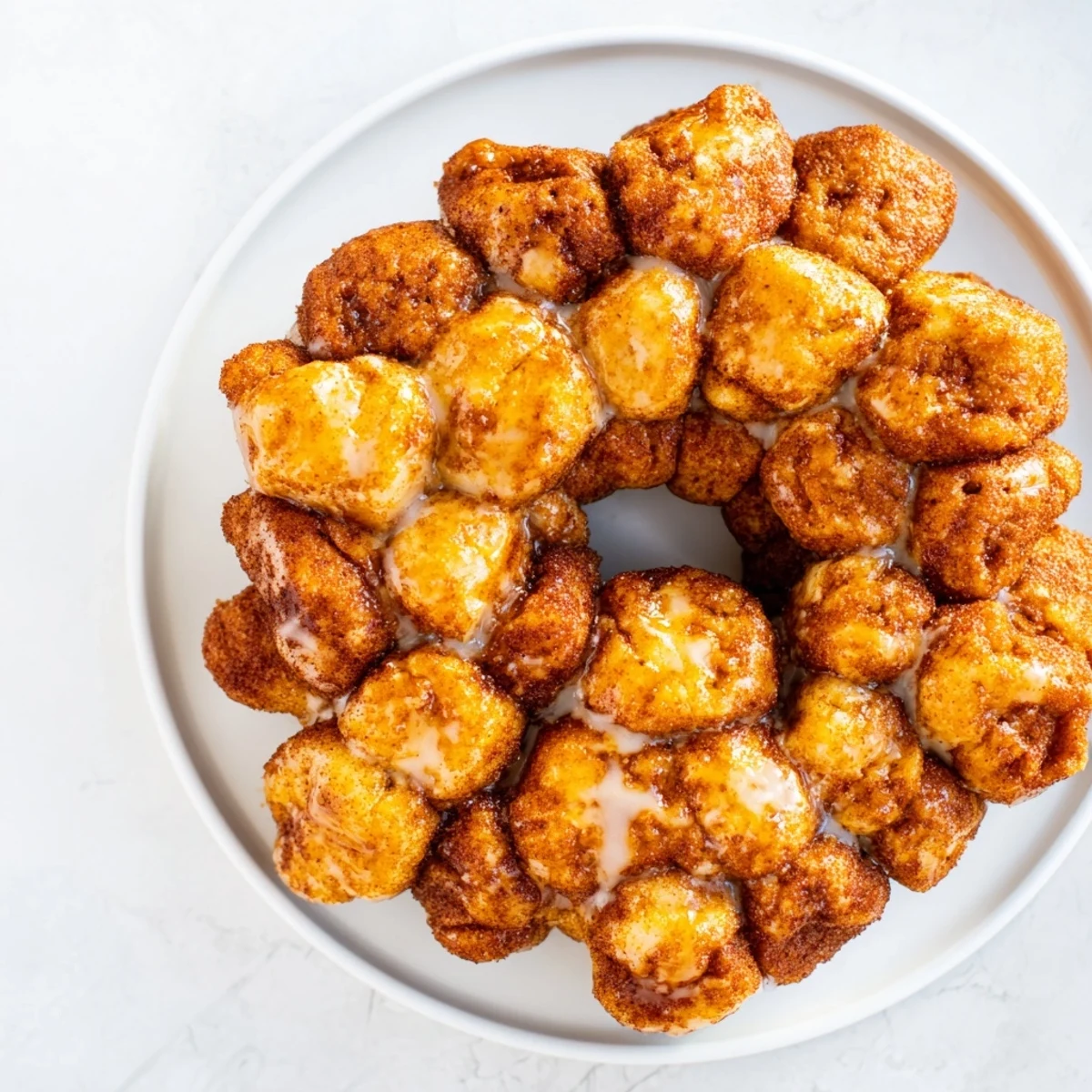 Warm pull-apart high protein no sugar monkey bread drizzled with vanilla Greek yogurt glaze