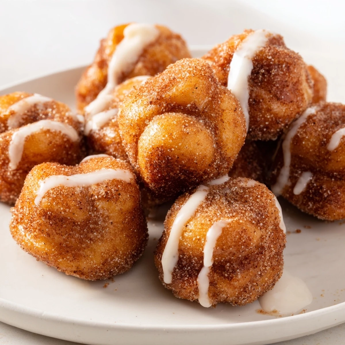 Baked cinnamon-dipped high protein no sugar monkey bread pieces stacked in serving dish
