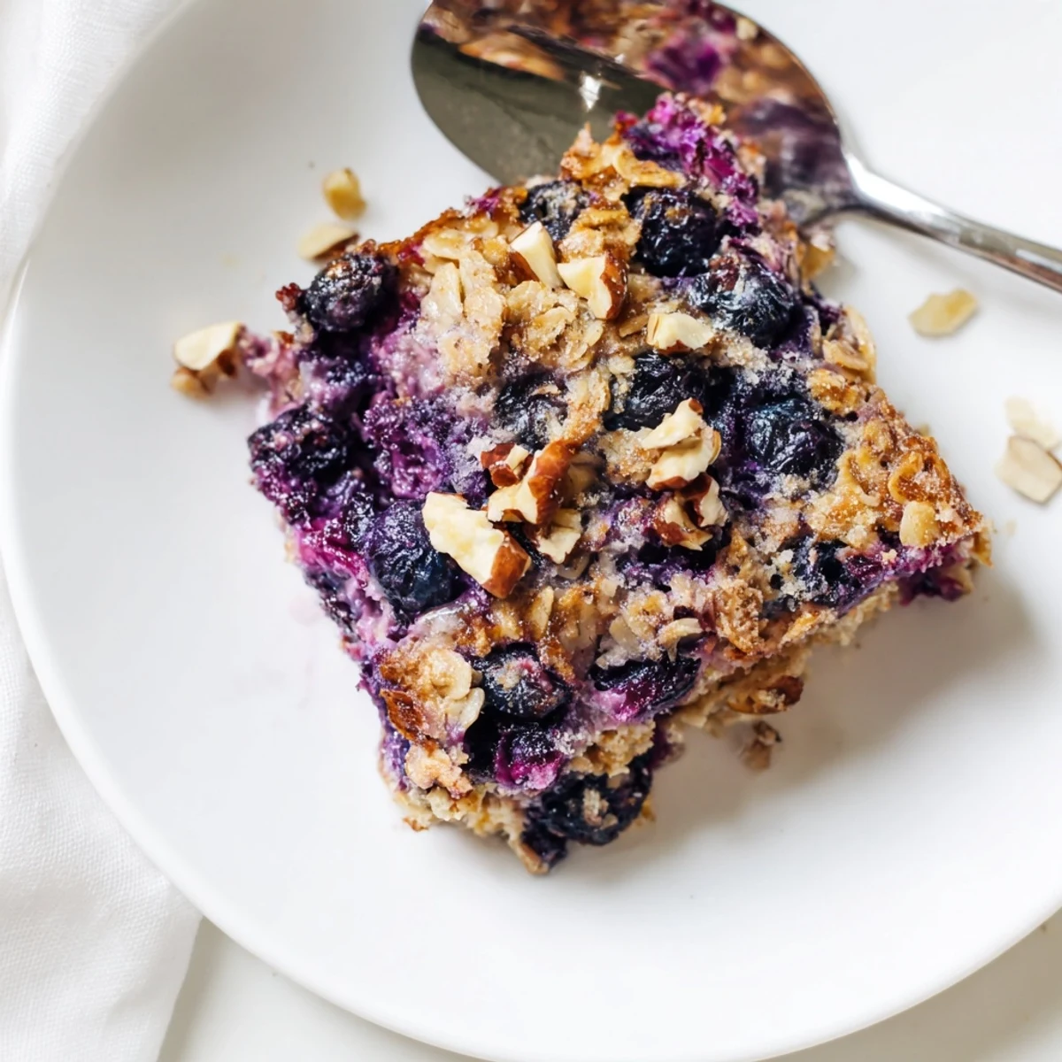 Fresh blueberry lemon baked oatmeal served warm in a white bowl with a spoon