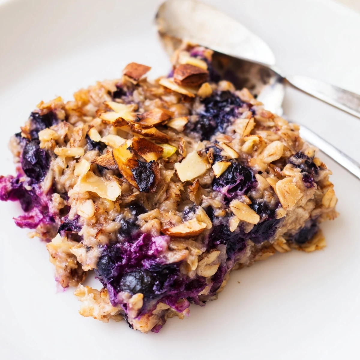 Zesty lemon blueberry baked oatmeal with golden browned top and scattered sweet blueberries