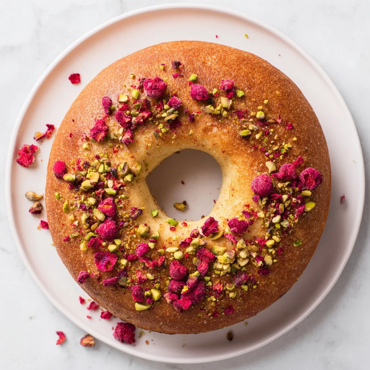 Freshly baked raspberry pistachio sourdough bagels topped with crunchy nuts and vibrant berry pieces
