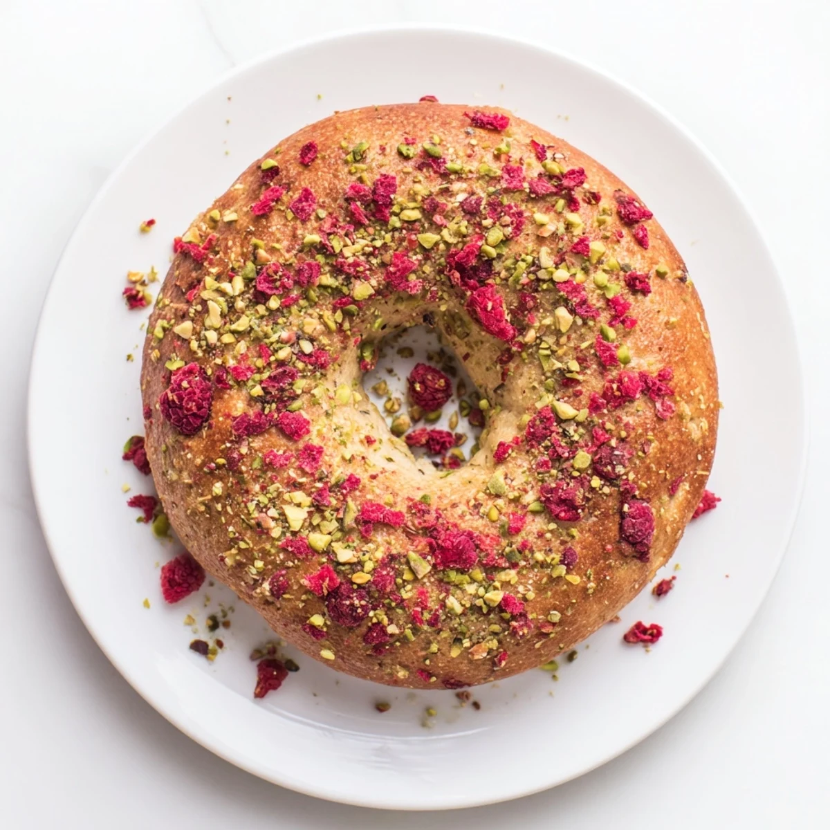 Golden brown sourdough bagels studded with pink raspberries and green pistachios on a wooden board