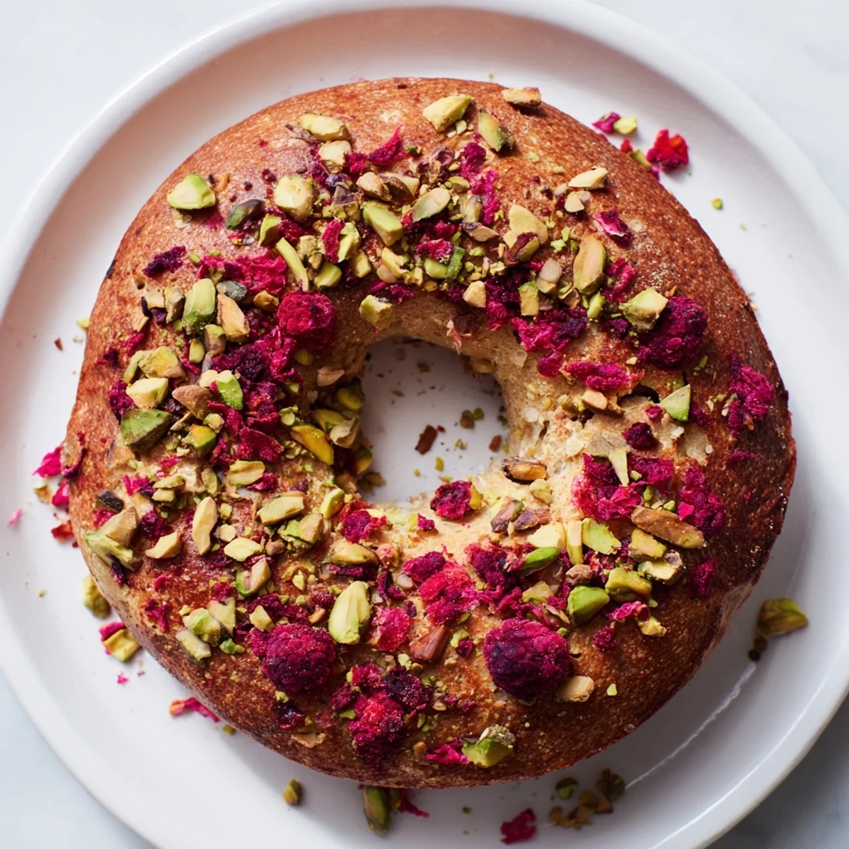 Chewy homemade bagels featuring red raspberry bits and nutty pistachios sliced open for serving
