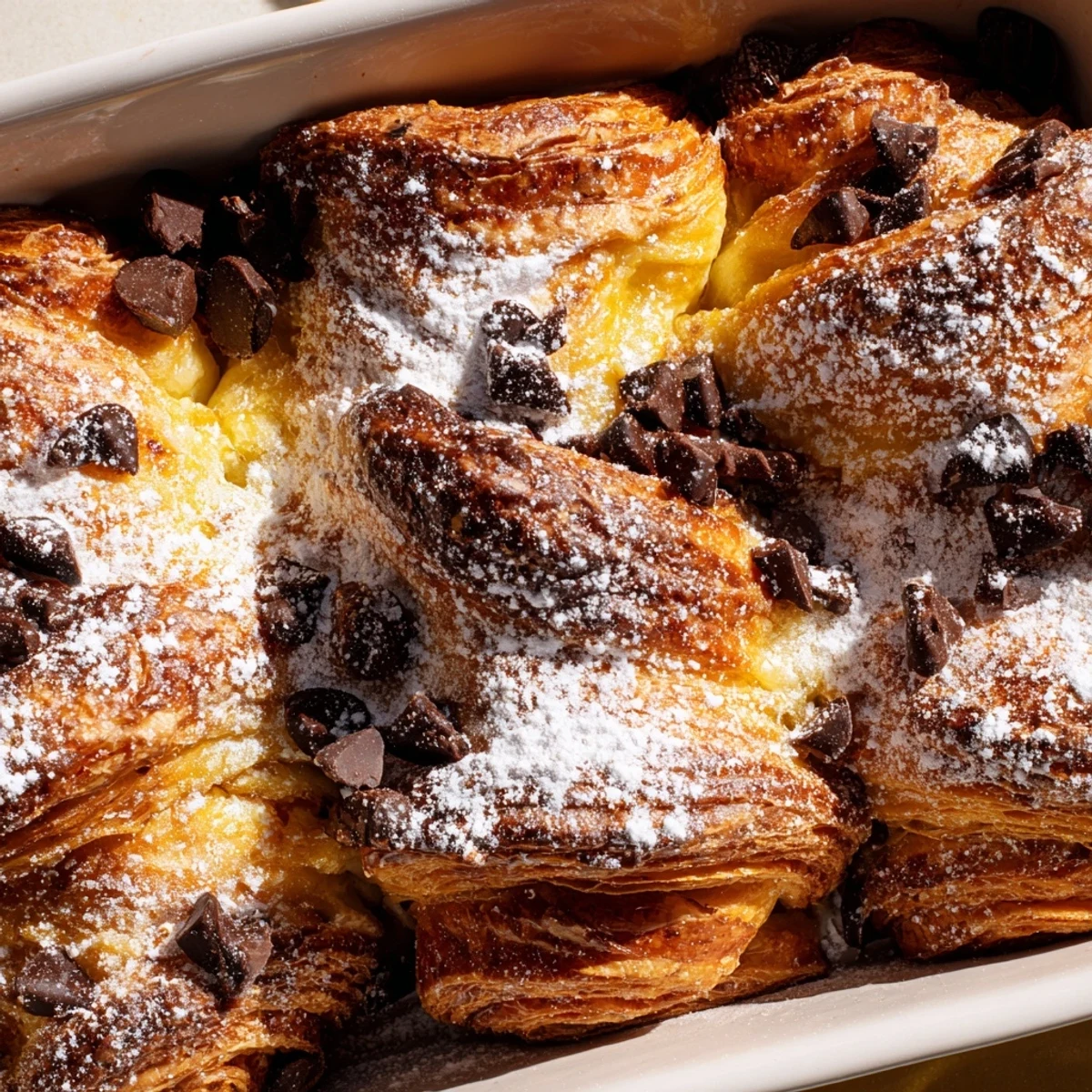 Golden brown chocolate croissant breakfast bake with melted chocolate chips and croissant pieces soaking in vanilla custard